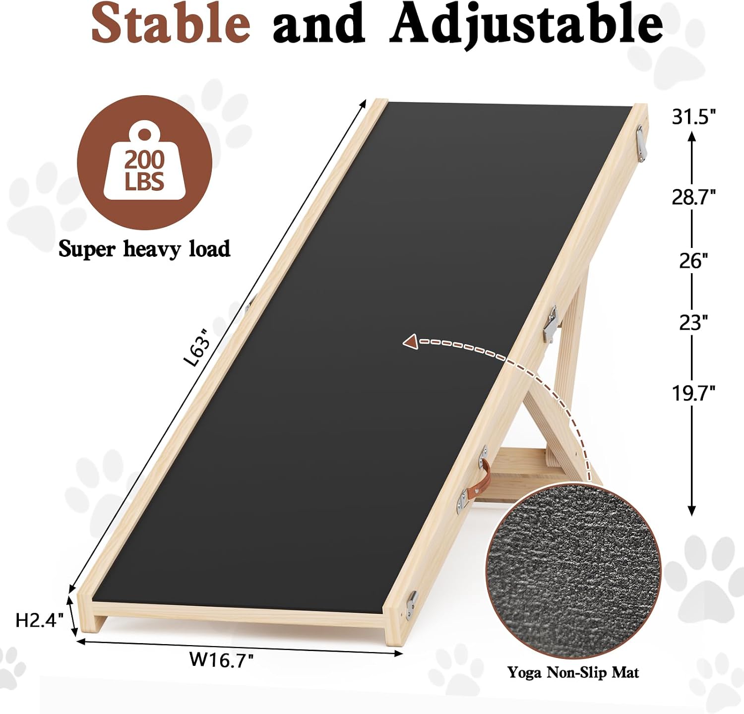 Dog Ramp for High Bed, Couch, Car, 64' Long Foldable Pet Ramp & 5 Adjustable Heights 19.7'-31.5' Wooden Dog Step with Anti-Slip Yoga Mat for Small Medium Large Older Pets, up to 200lbs