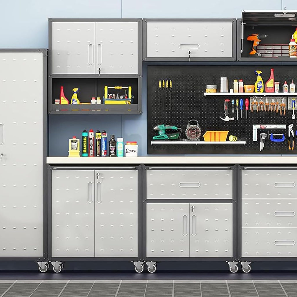 Metal Garage Storage Cabinet on Wheels, Lockable Rolling Tool Cabinet with Drawer and Shelves, Heavy Duty Mobile Steel Cabinet for Garage Warehouse Workshop