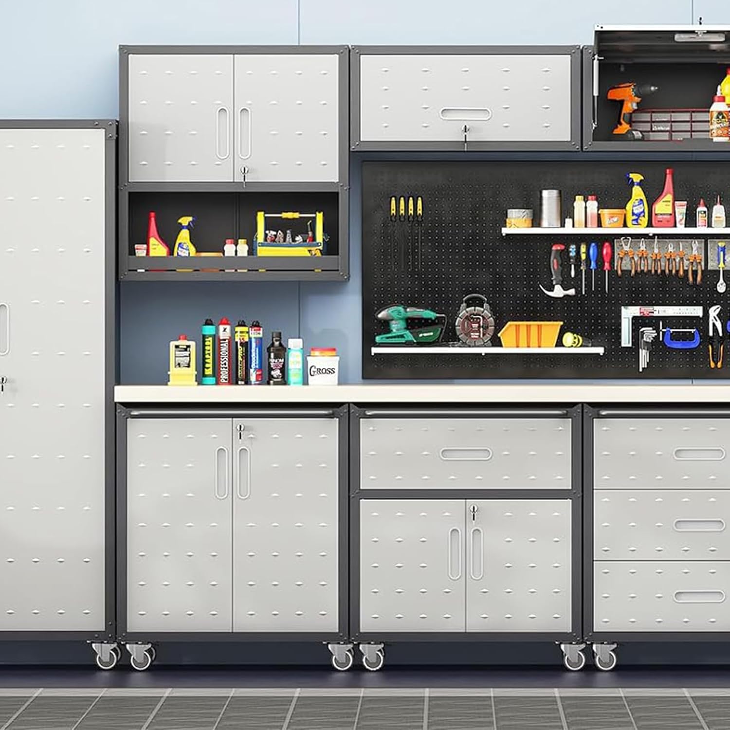 Metal Garage Storage Cabinet on Wheels, Lockable Rolling Tool Cabinet with Drawer and Shelves, Heavy Duty Mobile Steel Cabinet for Garage Warehouse Workshop