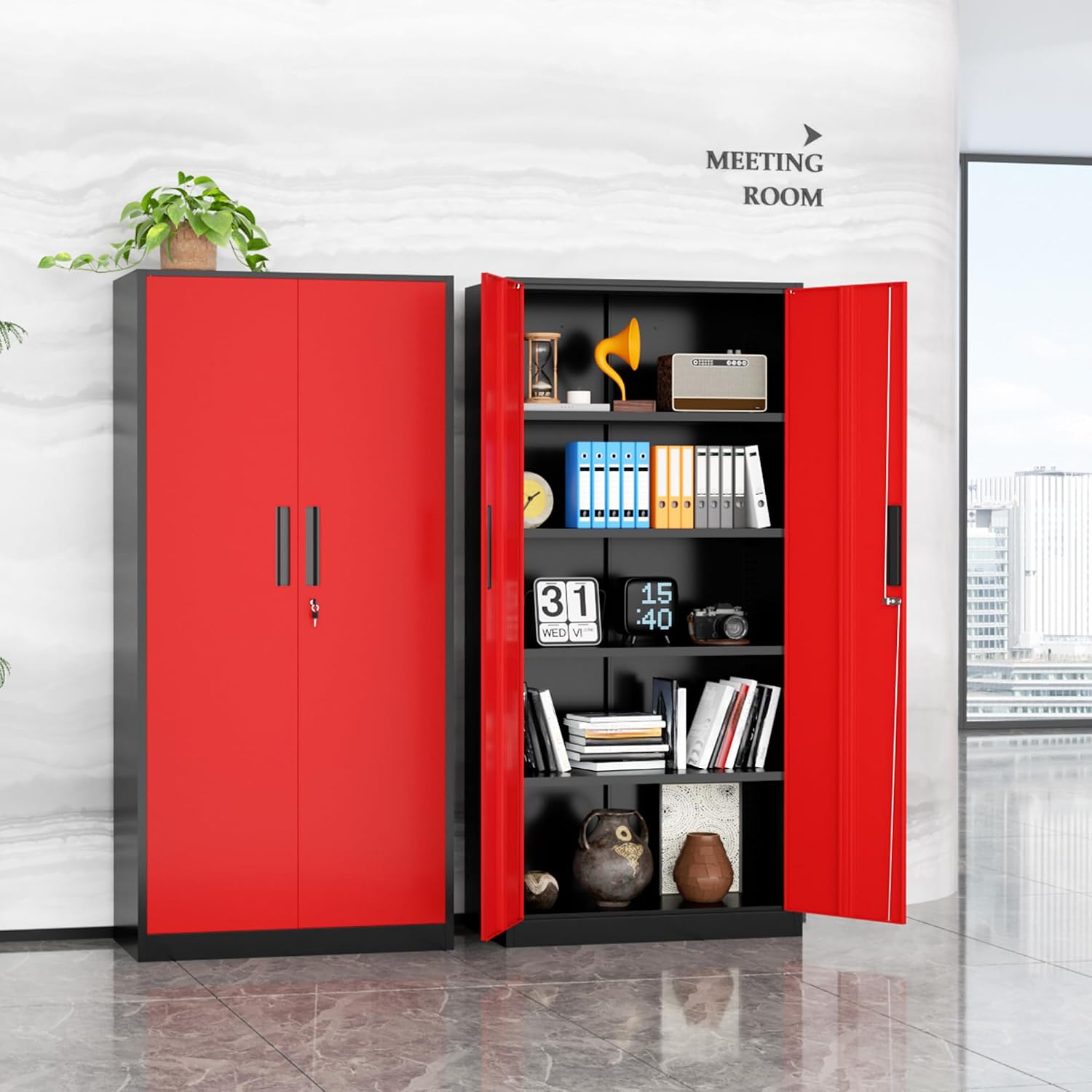 SUNCROWN Metal Garage Storage Cabinet, 72' Locking Steel Garage Cabinets with 2 Door and 4 Adjustable Shelves, Tall Metal Tool Cabinets for Home Office, Garage, School, Black Red