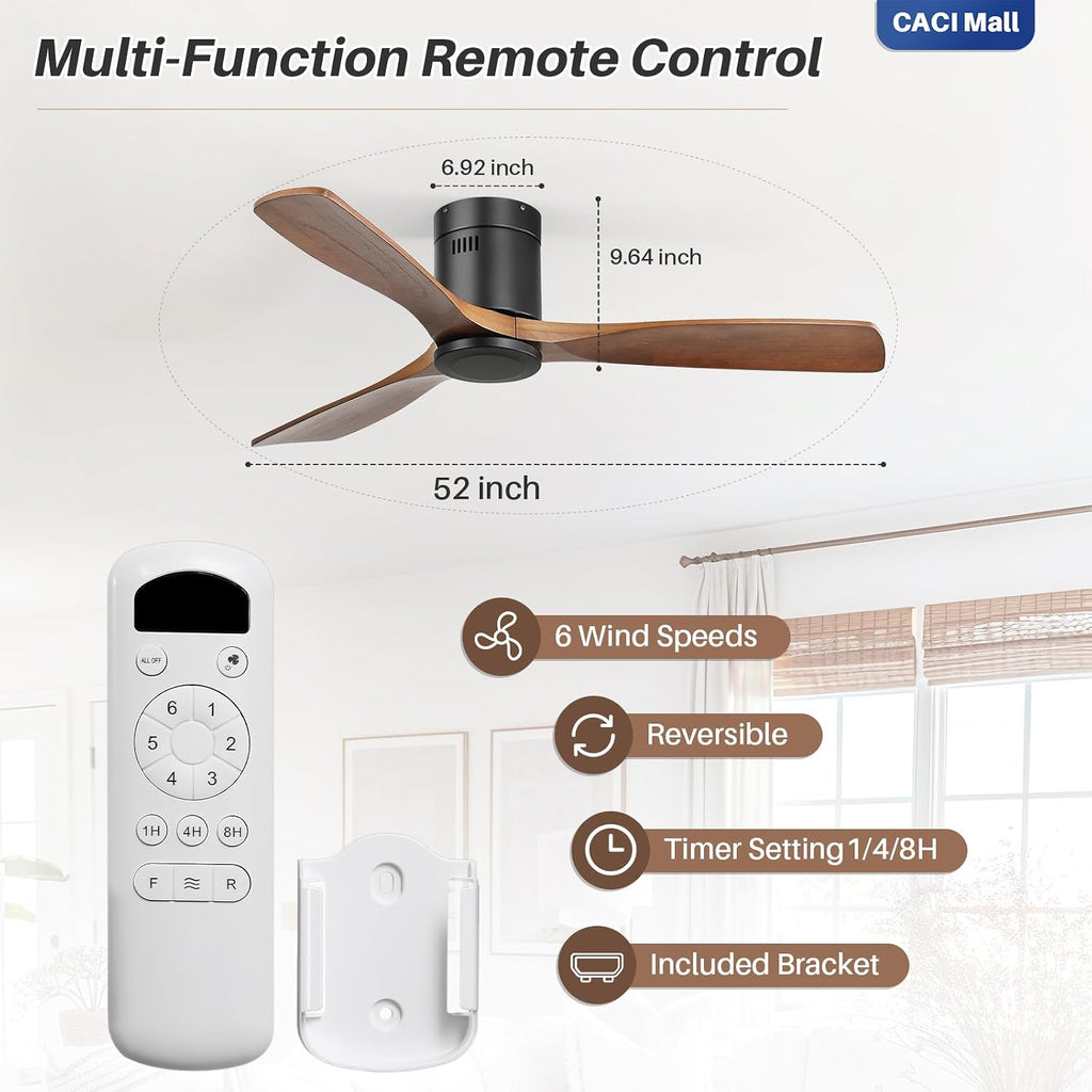 CACI Mall 52 Inch Solid Wood Ceiling Fan without Light, Flush Mount, 3 Blade, Low Profile, Modern, Outdoor/Indoor Ceiling Fans No Light for Bedroom/Farmhouse/Patio
