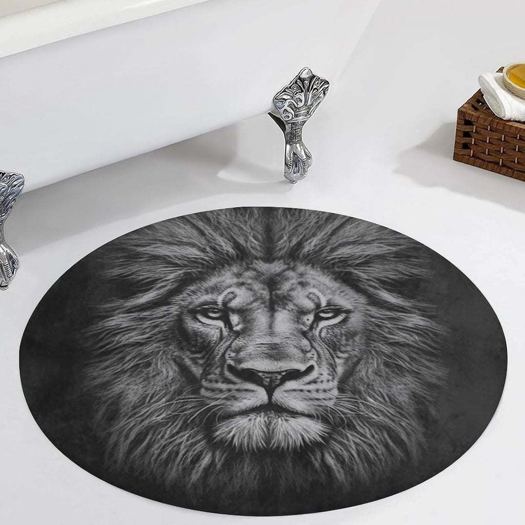 Black and White Lion Head Coral Velvet Round Floor Mat Non-Slip Bath Rug Floor Covering for Bathroom Vanity Guest Suite & Vacation Home
