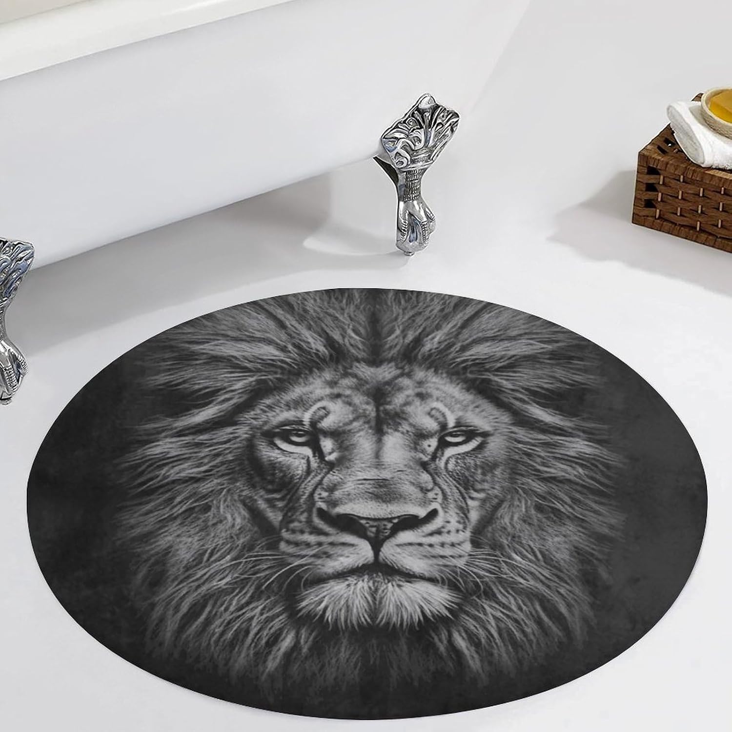 Black and White Lion Head Coral Velvet Round Floor Mat Non-Slip Bath Rug Floor Covering for Bathroom Vanity Guest Suite & Vacation Home