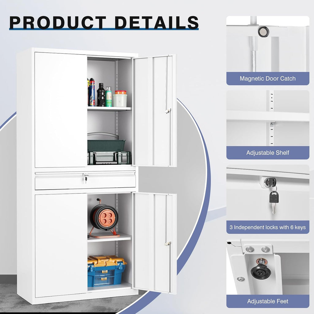 Metal Storage Cabinet,Tall File Cabinet with 2 Adjustable Shelves and Drawer,Lockable Steel Tool Cabinet for Home Office Garage School Warehouses