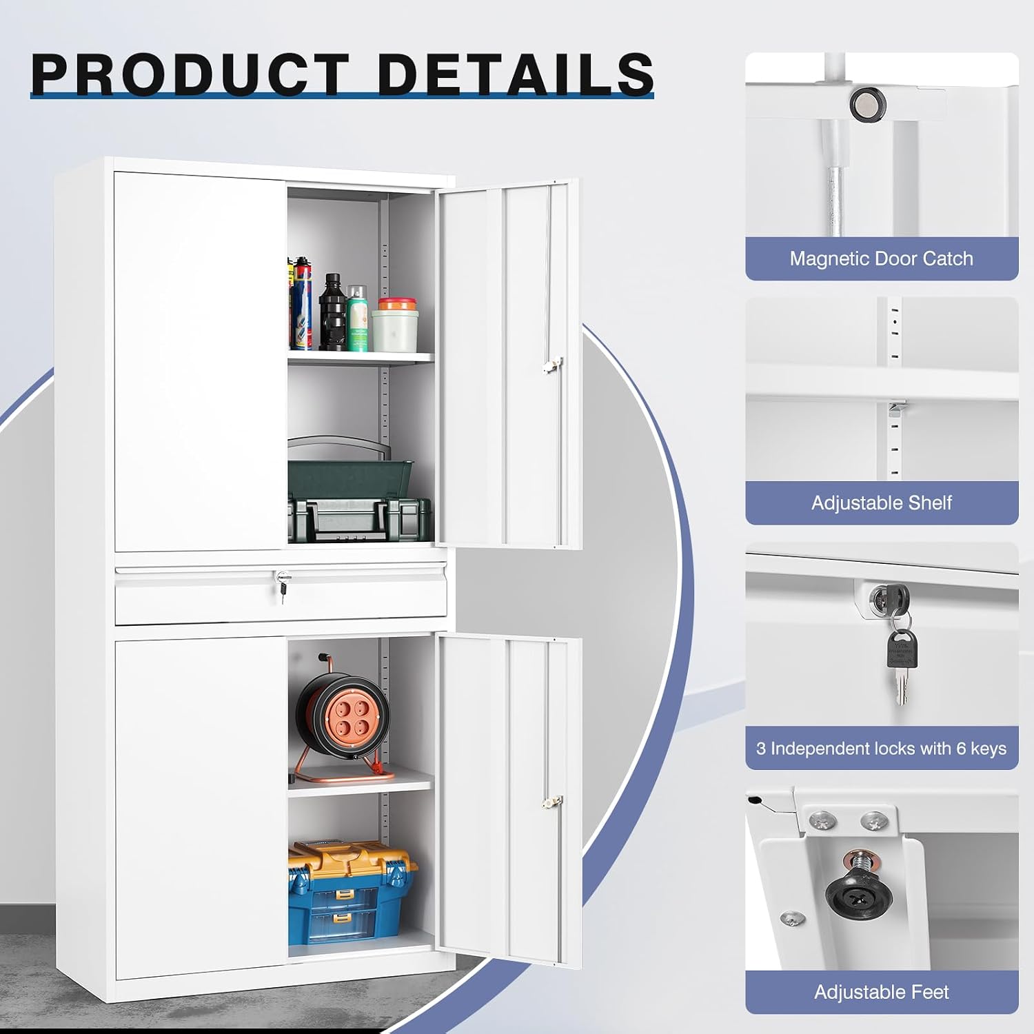 Metal Storage Cabinet,Tall File Cabinet with 2 Adjustable Shelves and Drawer,Lockable Steel Tool Cabinet for Home Office Garage School Warehouses