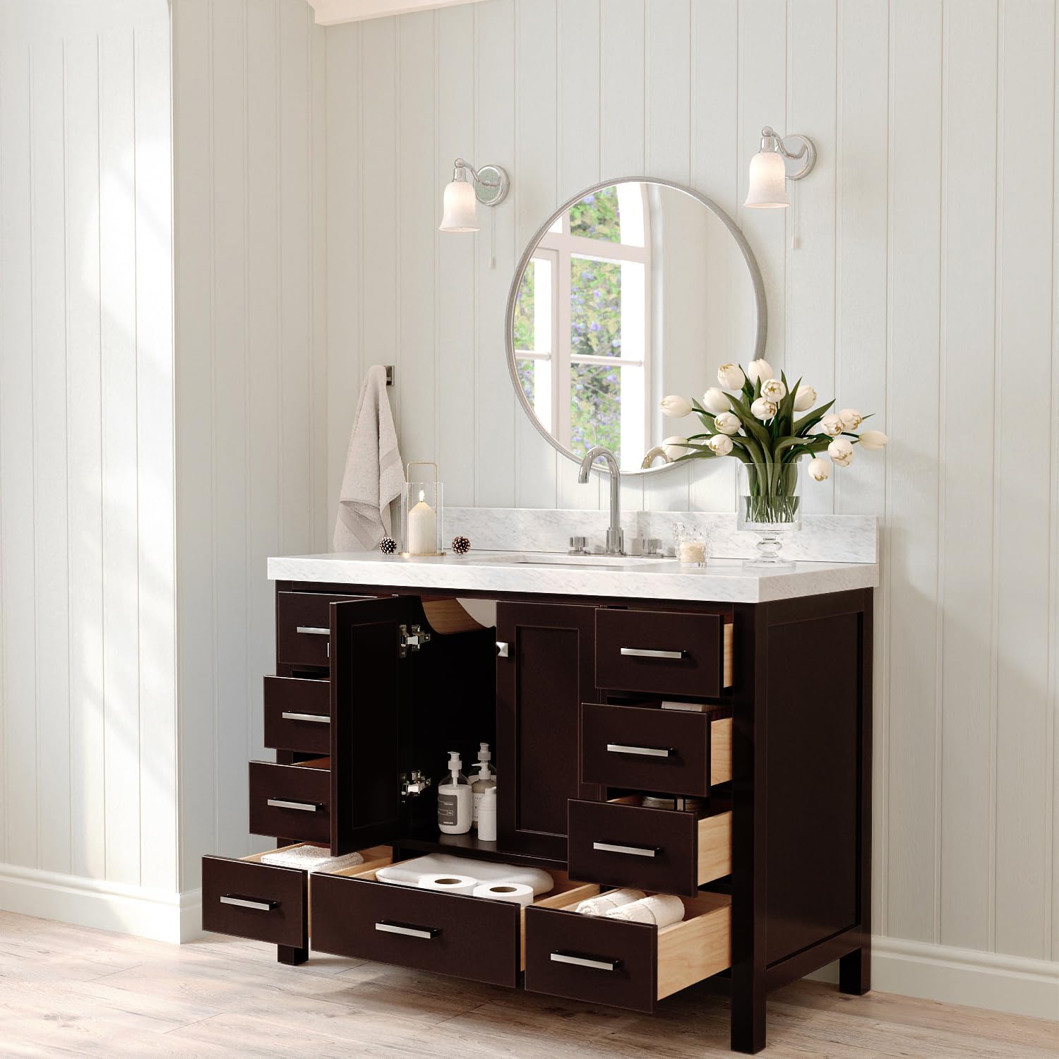 ARIEL Cambridge 48-inch Bathroom Vanity with Sink,Solid Wood, 2-inch Italian Carrara Marble Countertop, Single Rectangular Porcelain Sink, 2 Soft Closing Doors, 9 Dovetail Drawers, Espresso