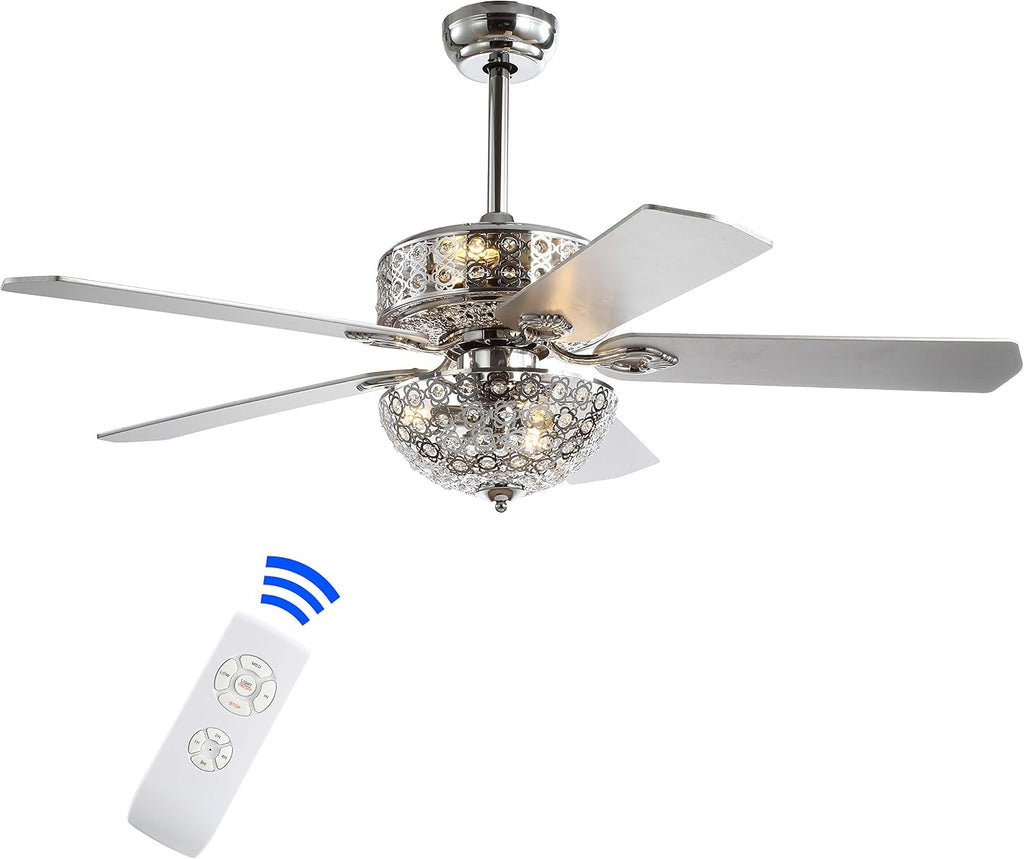 JONATHAN Y 52' Chrome 6-Light Iron and Wood Ceiling Fan, Modern Glam Filigree Dome, 5 Reversible Silver/White Blades, Remote Control, ETL Listed, LED Bulbs Included JYL9602A