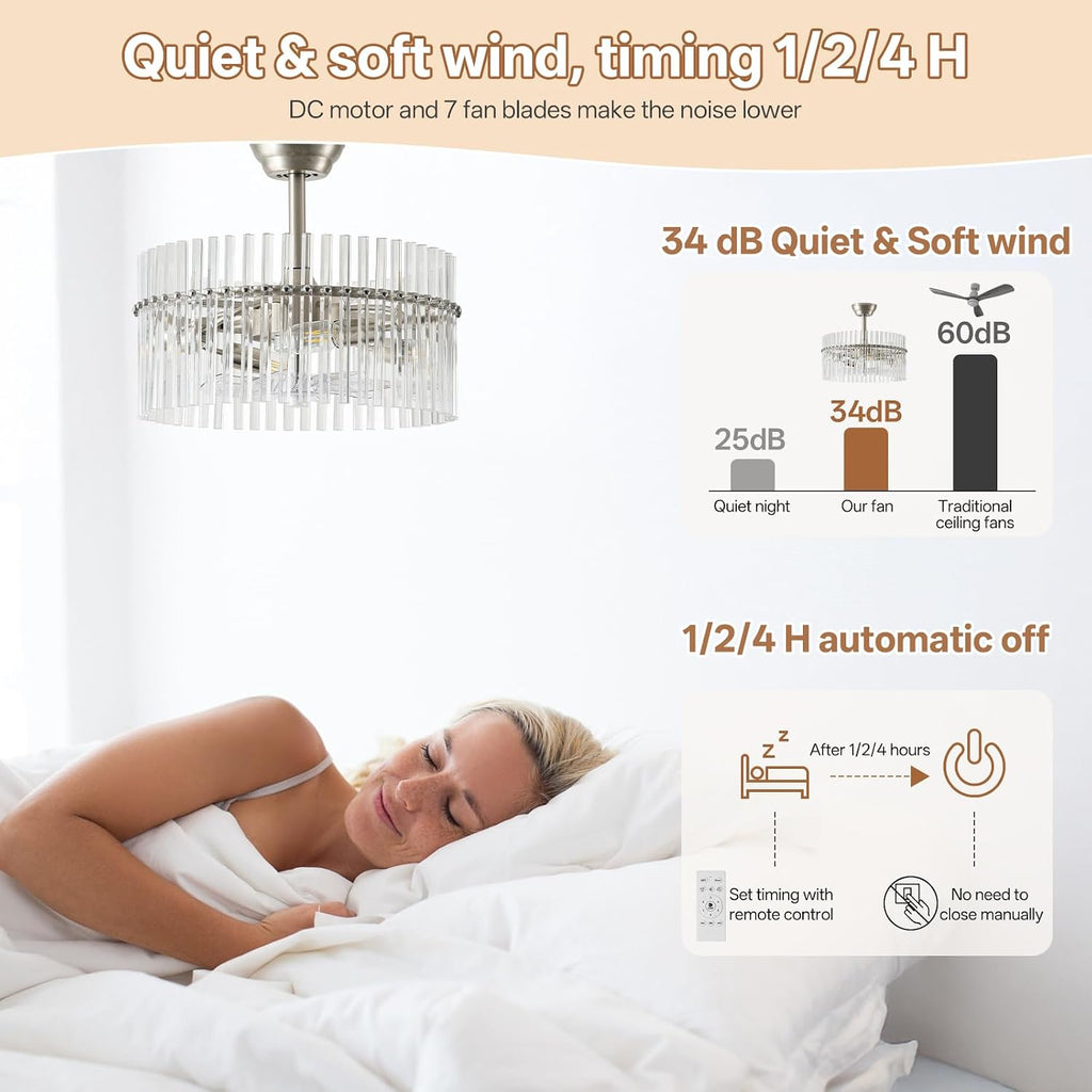 20' Silver Crystal Fandelier Ceiling Fans with Lights, Silver Crystal Chandelier Ceiling Fan with Light Remote Control, 6 Speeds for Bedroom, Living Room, Nursery