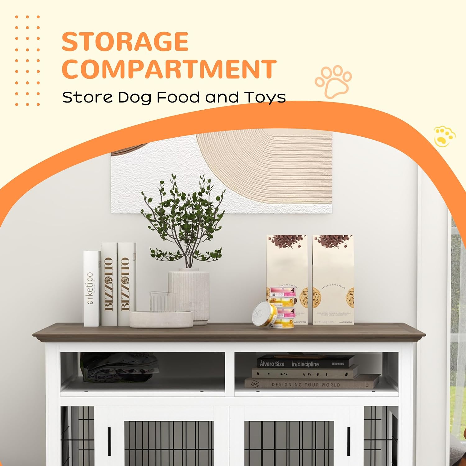 PawHut Dog Crate Furniture Side End Table with Storage, 41' Modern Wooden Dog Kennel Furniture with Double Doors for Small and Medium Dogs, White