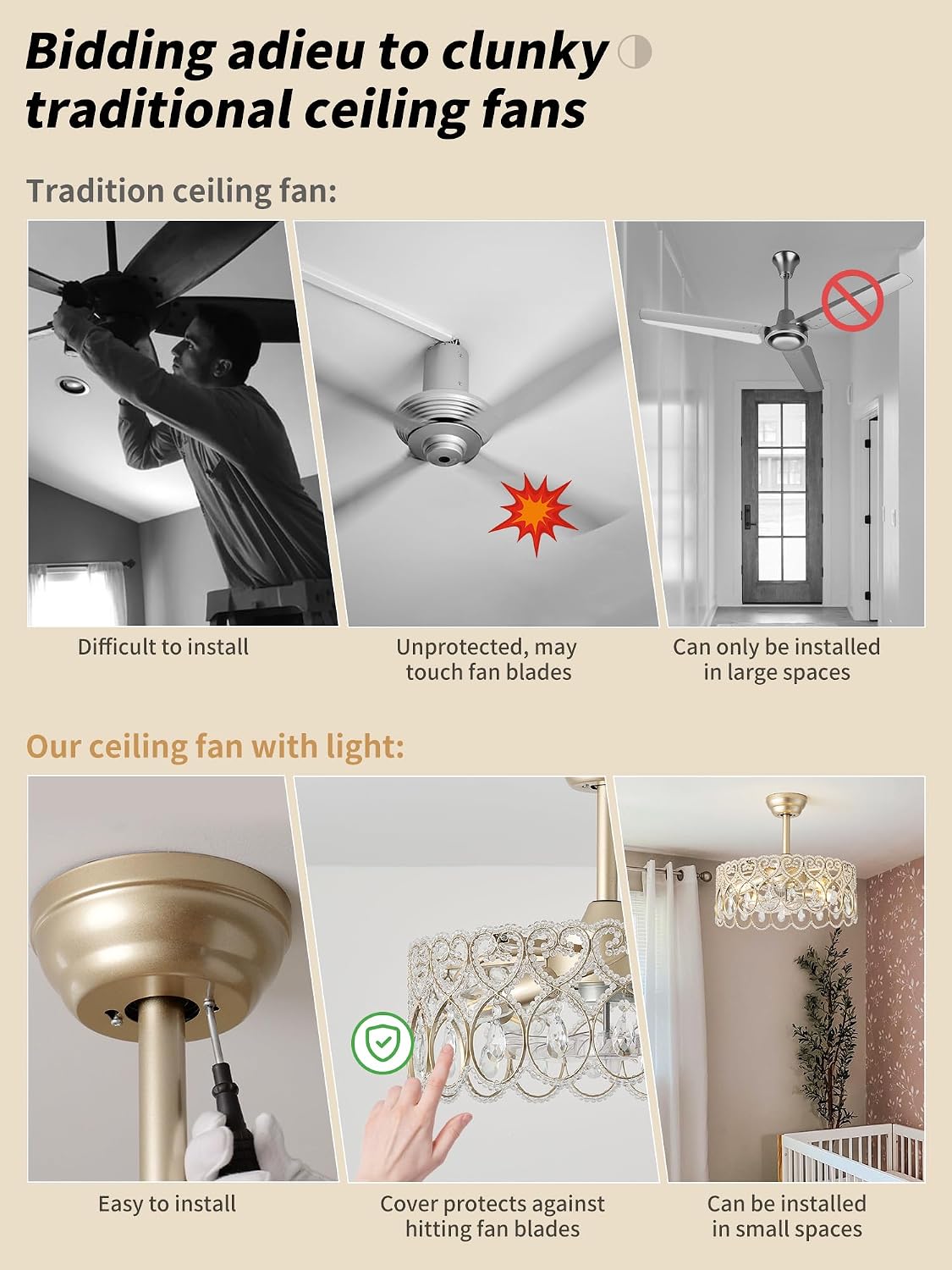 SYDACG 20' Gold Crystal Fandelier Ceiling Fans with Lights, Gold Chandelier Ceiling Fan with Light Remote Control, Mid-Century Modern Caged 6 Speeds for Bedroom, Nursery, Foyer, Living Room