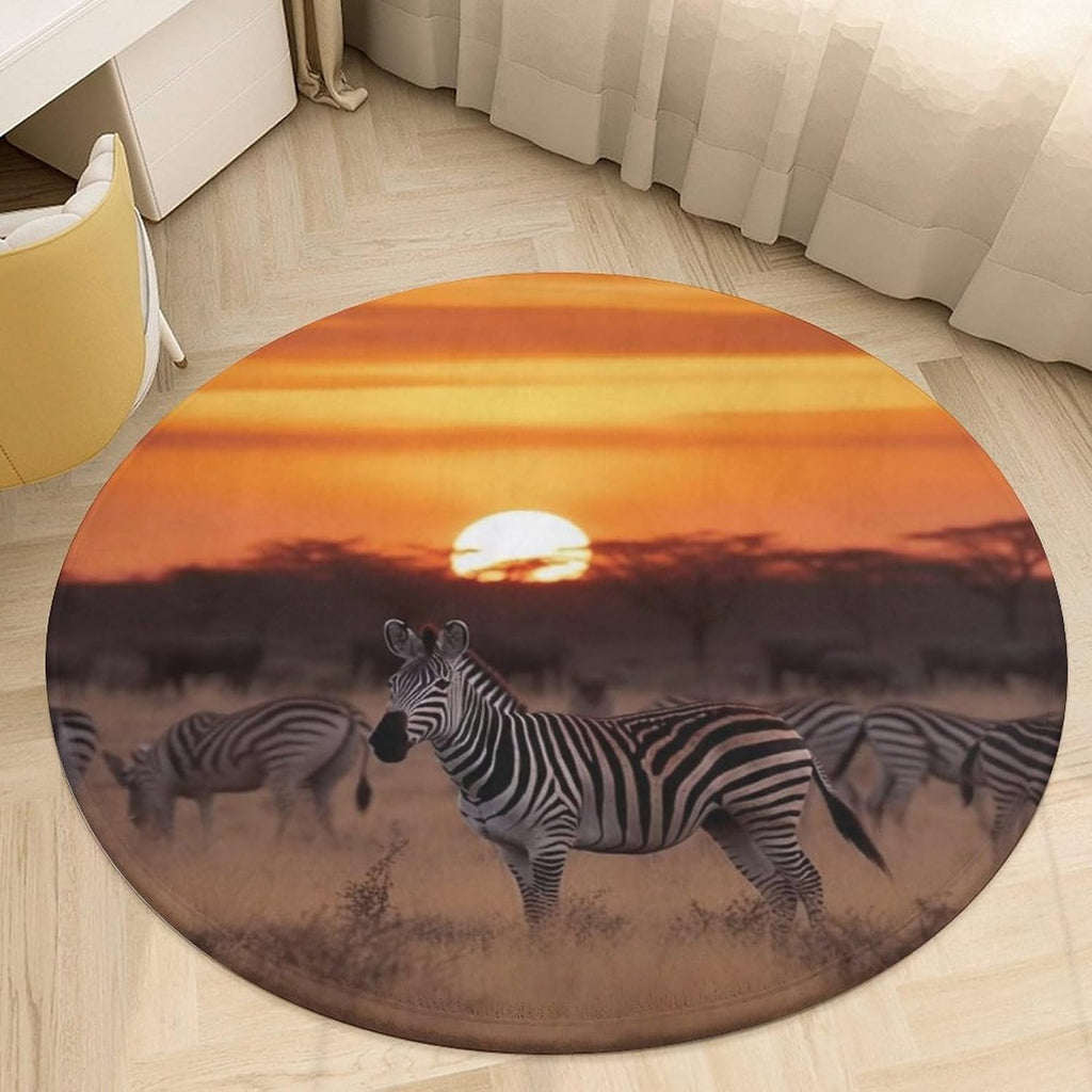 Africa Sunset Zebra Coral Velvet Round Floor Mat Non-Slip Bath Rug Floor Covering for Bathroom Vanity Guest Suite & Vacation Home