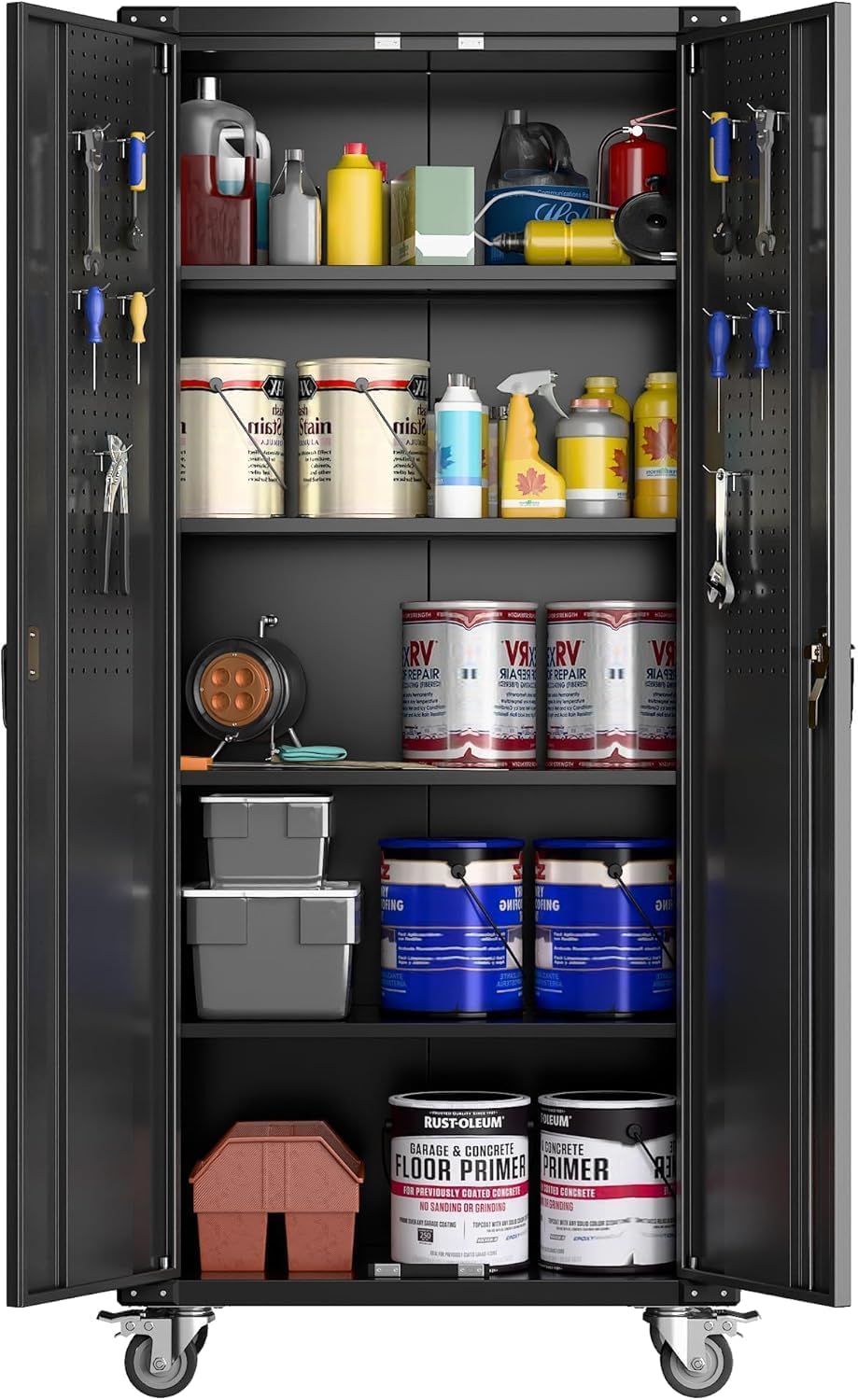 71.7' Metal Garage Storage Cabinet with Wheels, Locking Doors, Pegboard & 4 Adjustable Shelves, Heavy Duty Steel Cabinet for Garage, Workshop, Home, Office, Black