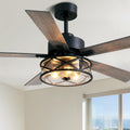 Farmhouse Ceiling Fans with Lights and Remote Control, 52 Inch Rustic Fandelier Ceiling Fan with Bubble Glass Shade 6-Speed Caged Ceiling Fan for Living Dining Room Bedroom,Walnut/Brown