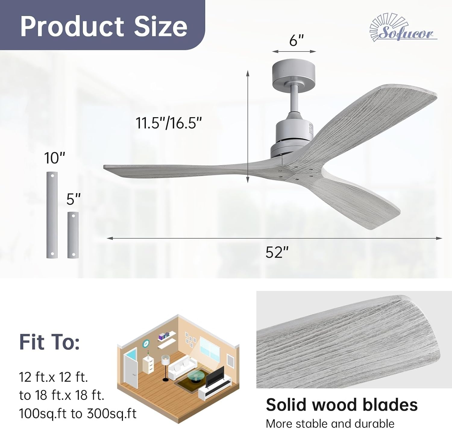 Sofucor 52 Inch Smart Ceiling Fans without Light-Modern Solid Wood Outdoor 3 Blades Ceiling Fan No Light APP Remotel Control for Bedroom Living Room Indoor Farmhouse Patio, Quiet DC Motor,Silver&Grey