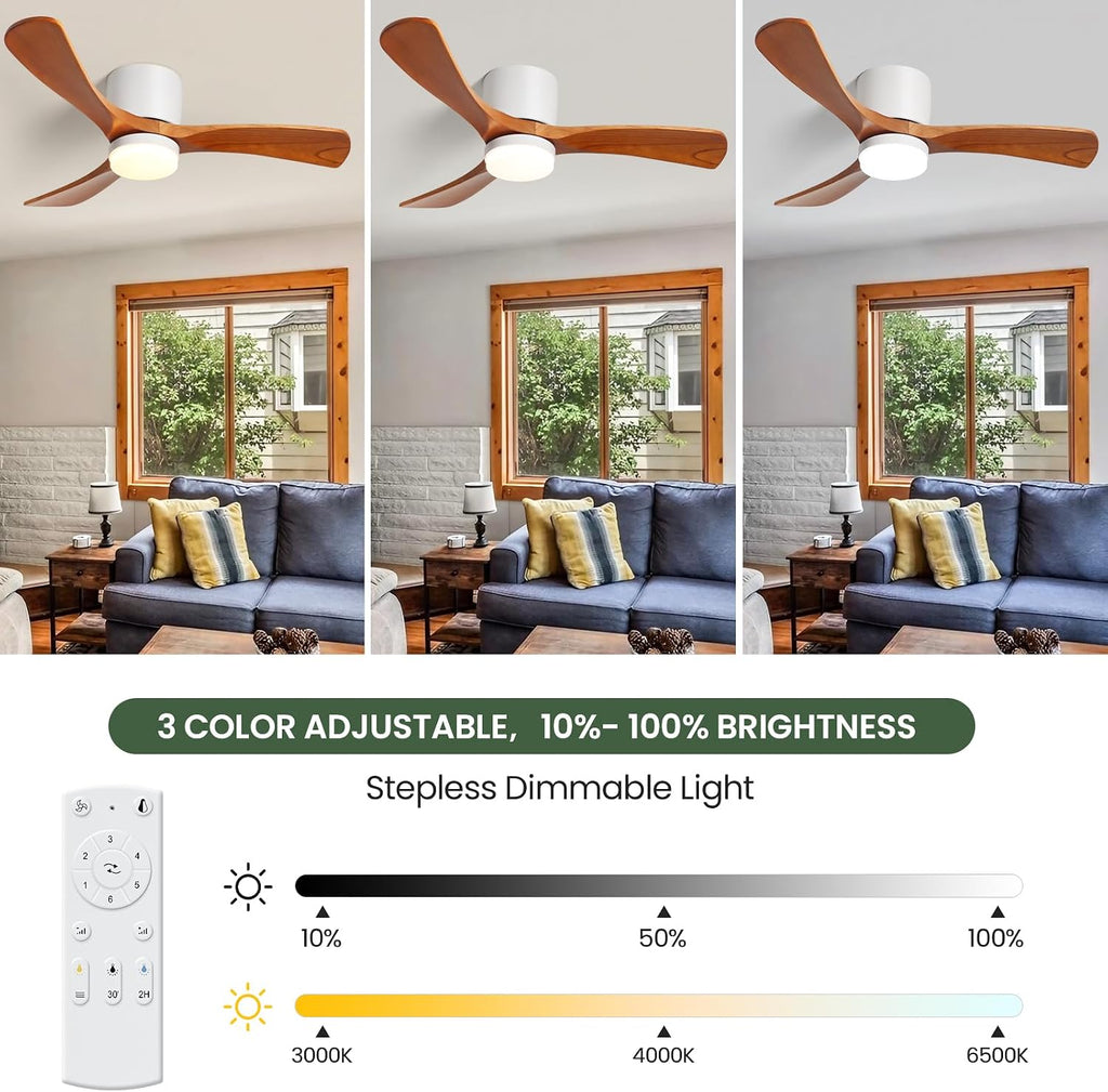 GESUM 42' Flush Mount Ceiling Fan with Lights3 Wood Blades, Reversible,Dimmable, Low Profile Ceiling Fan with Remote Control for Living Room Kitchen Bedroom(White+Wood)