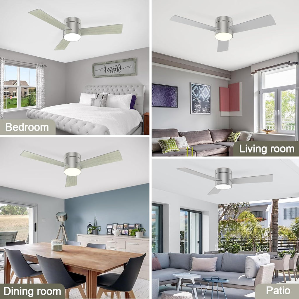 GESUM 42 Inch Ceiling Fan with Lights, Flush Mount Ceiling Fans with Remote Control, Dimmable, 3CCT, Reversible, Nickel Bedroom Ceiling Fans with 3 Blades for Patios Bedroom Kitchen Porch (Nickel)