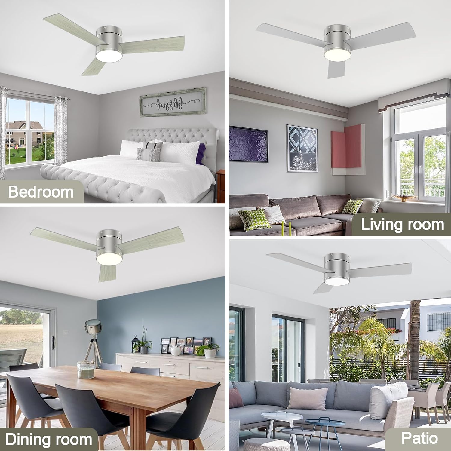 GESUM 42 Inch Ceiling Fan with Lights, Flush Mount Ceiling Fans with Remote Control, Dimmable, 3CCT, Reversible, Nickel Bedroom Ceiling Fans with 3 Blades for Patios Bedroom Kitchen Porch (Nickel)