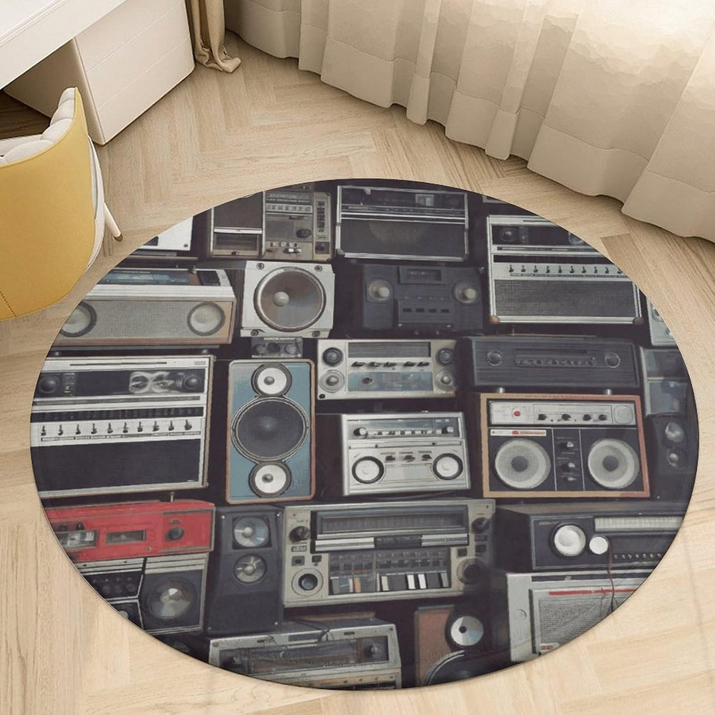 Vintage Wall of Radio Boombox Coral Velvet Round Floor Mat Non-Slip Bath Rug Floor Covering for Bathroom Vanity Guest Suite & Vacation Home