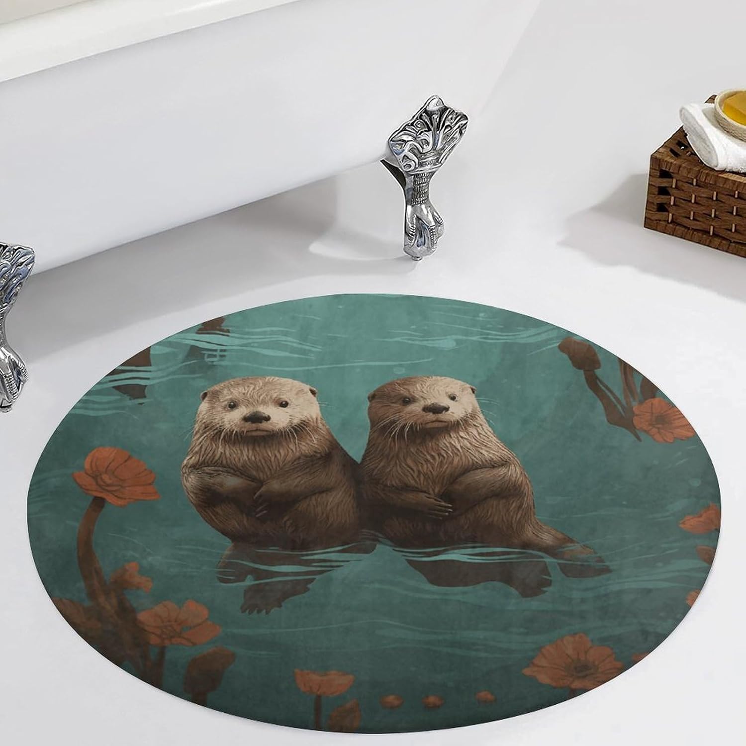 Otters in Love Coral Velvet Round Floor Mat Non-Slip Bath Rug Floor Covering for Bathroom Vanity Guest Suite & Vacation Home