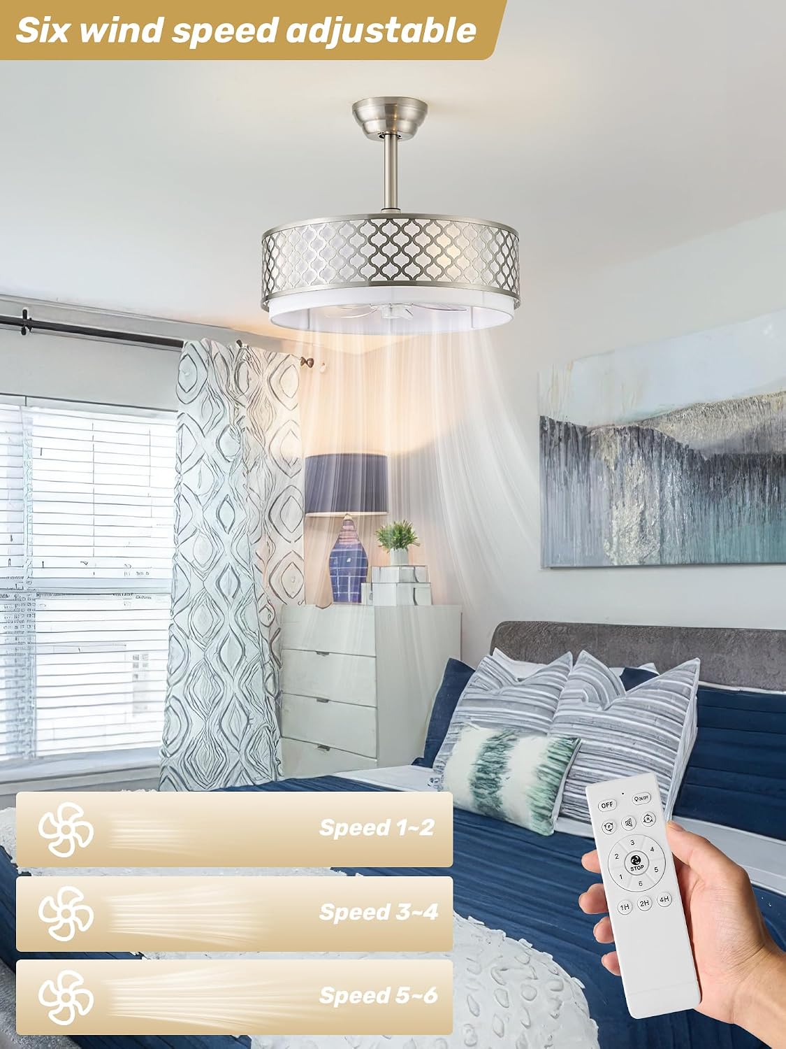20' Silver Fandelier Ceiling Fan with Lights, Caged Boho Ceiling Fan with Light Remote Control, Rattan with 6 Speeds for Bedroom, Nursery, Living Room