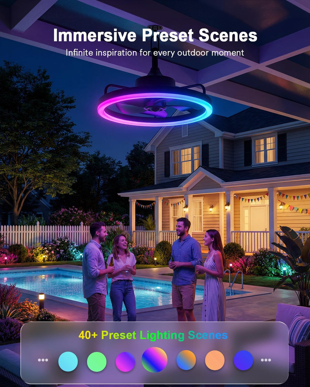 Lumary Smart Outdoor Ceiling Fans with RGBAI Lights for Patio, Wi-Fi Bluetooth Connect, Work with Alexa Google, Waterproof Plug in Ceiling Fan with Hook/Remote/APP Control for Pergola Gazebo, 20in