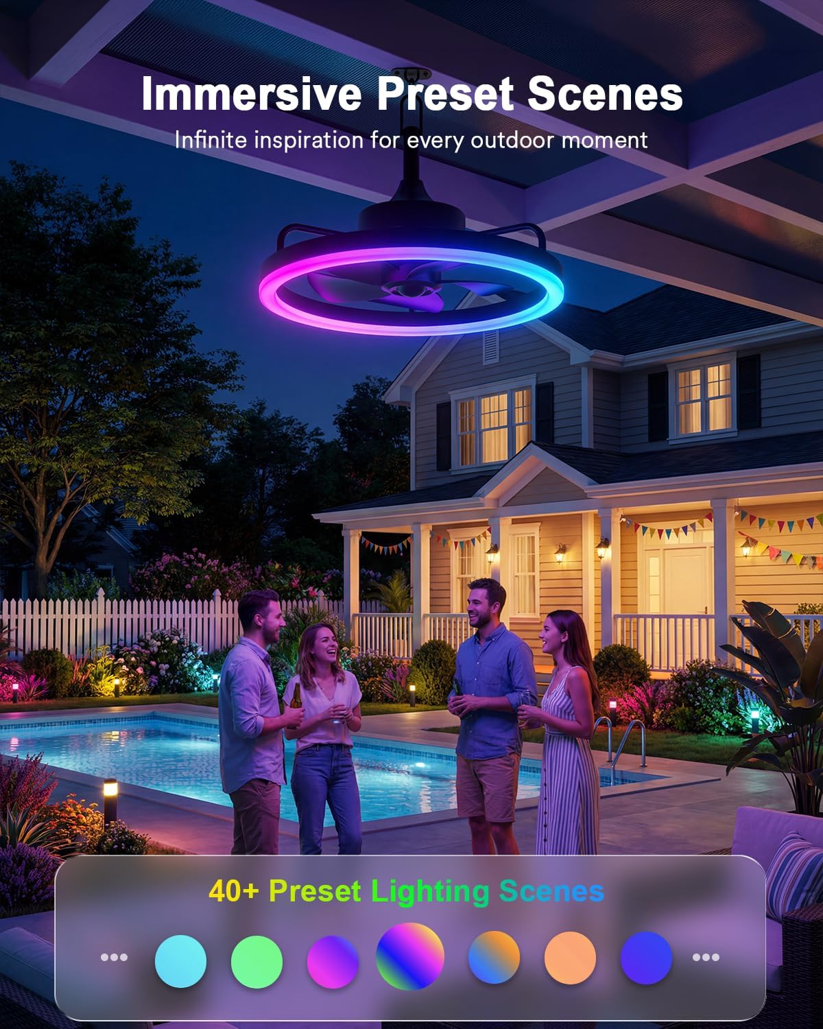 Lumary Smart Outdoor Ceiling Fans with RGBAI Lights for Patio, Wi-Fi Bluetooth Connect, Work with Alexa Google, Waterproof Plug in Ceiling Fan with Hook/Remote/APP Control for Pergola Gazebo, 20in