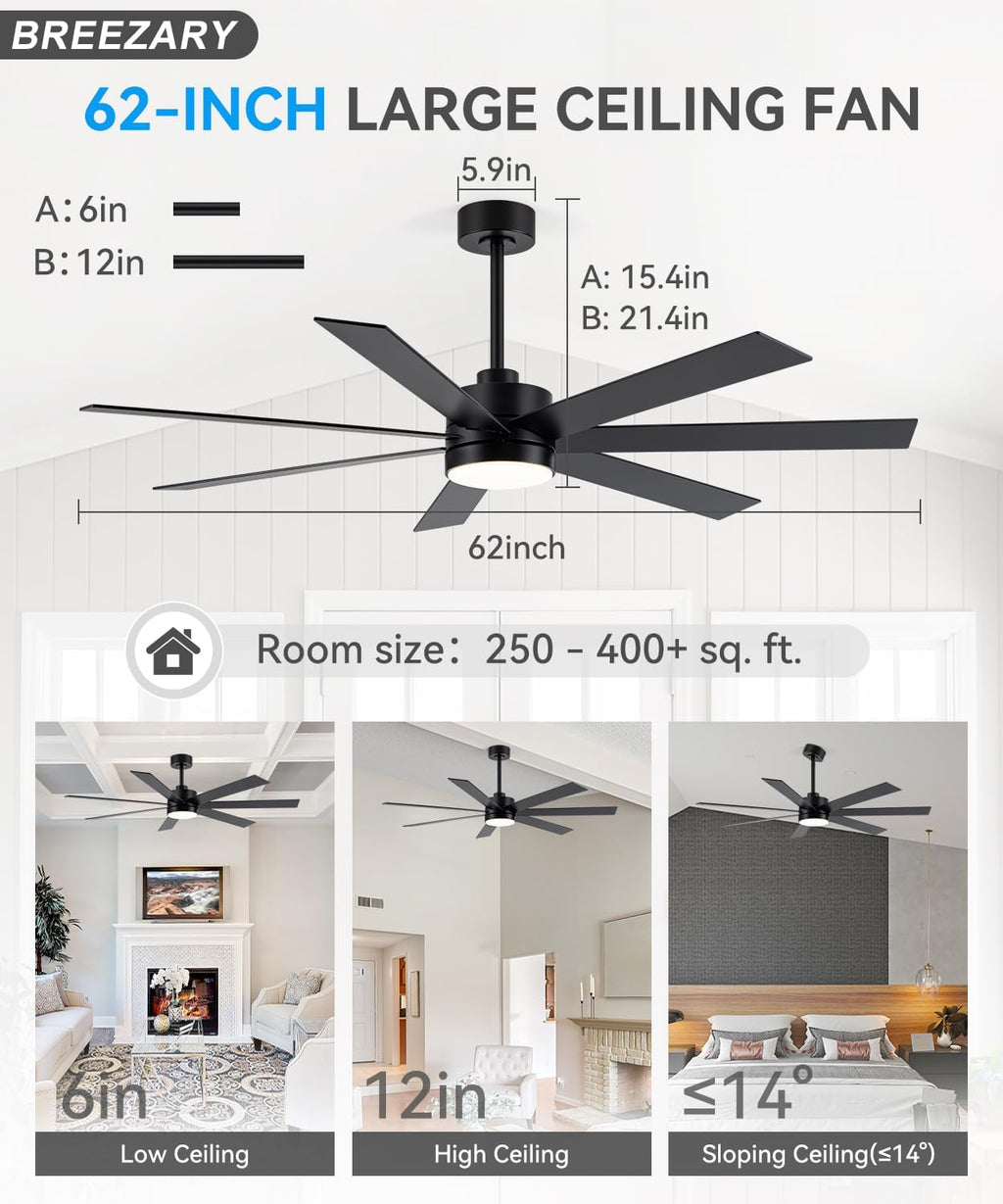Farmhouse Ceiling Fans with Lights and Remote, 62 Inch Industrial Black Ceiling Fans with 6-Speed Reversible DC Motor, 3 CCT, Dual Finish 7 Blades, Indoor/Outdoor Ceiling Fan for Patio Bedroom