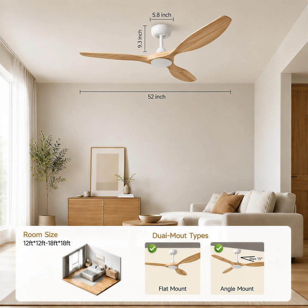 Skylike 52' Wood Outdoor Ceiling Fan with Lights, Propeller Farmhouse Ceiling Fan and Remote Control, 3 Blade Light Wood Ceiling Fan for Patio,Porch, Gazebo, Bedroom