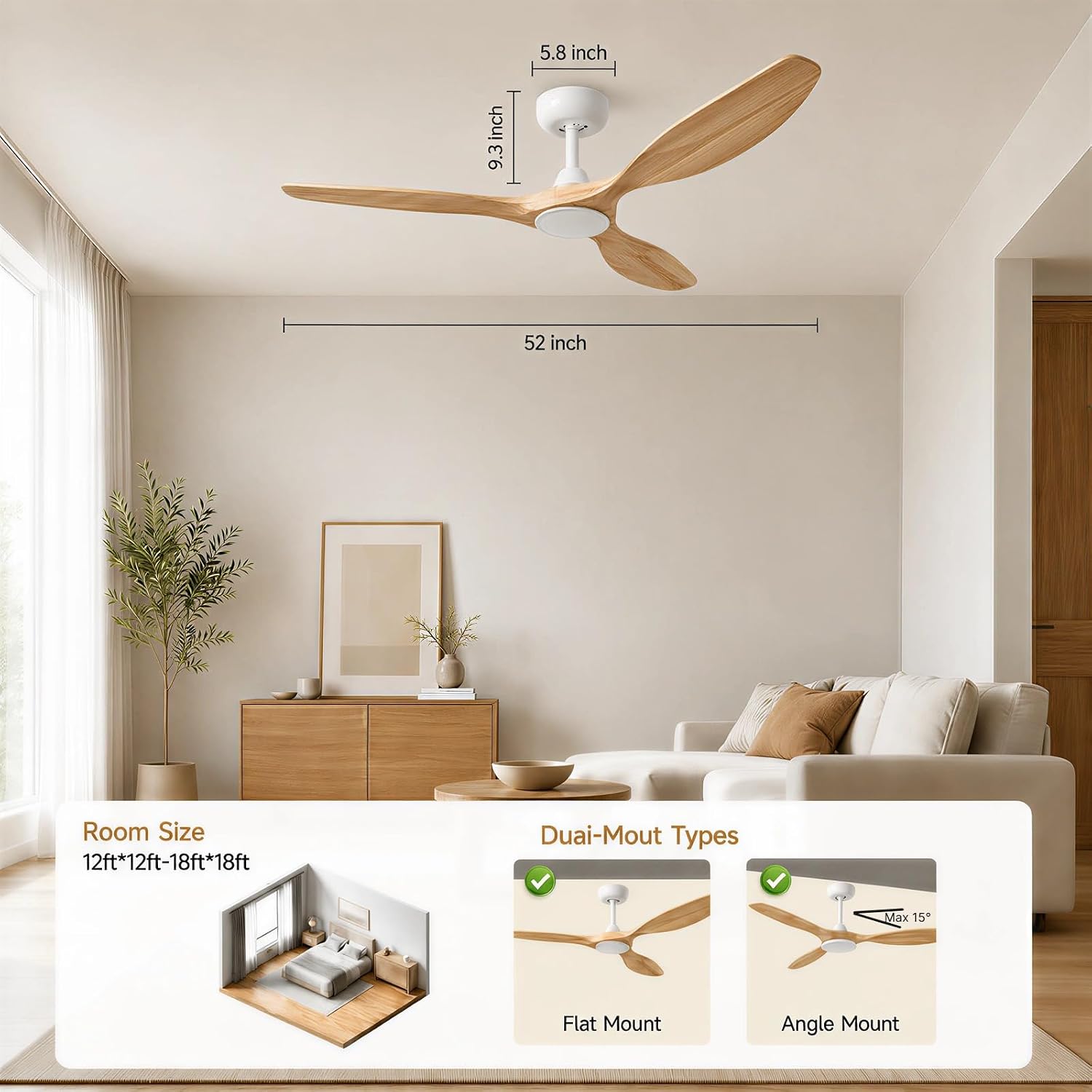 Skylike 52' Wood Outdoor Ceiling Fan with Lights, Propeller Farmhouse Ceiling Fan and Remote Control, 3 Blade Light Wood Ceiling Fan for Patio,Porch, Gazebo, Bedroom
