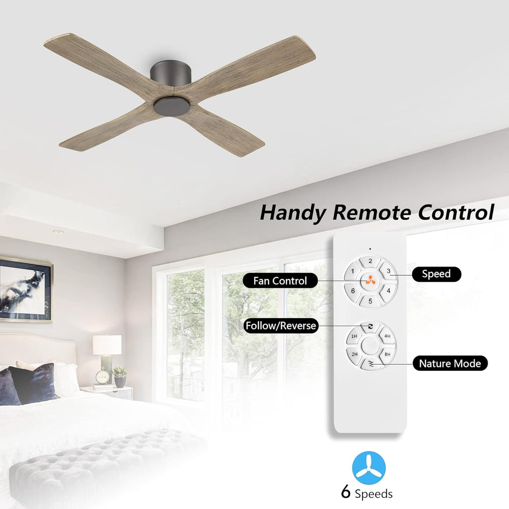 WINGBO 54 Inch Flush Mount DC Ceiling Fan without Lights, 4 Reversible Carved Wood Blades, 6-Speed Noiseless DC Motor, Hugger Ceiling Fan No Lights in Graphite Finish with Gray Blades, ETL Listed