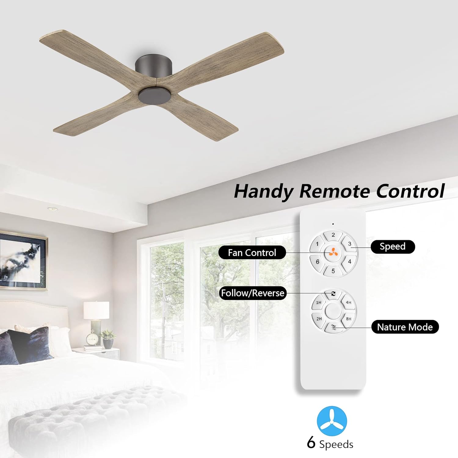 WINGBO 54 Inch Flush Mount DC Ceiling Fan without Lights, 4 Reversible Carved Wood Blades, 6-Speed Noiseless DC Motor, Hugger Ceiling Fan No Lights in Graphite Finish with Gray Blades, ETL Listed