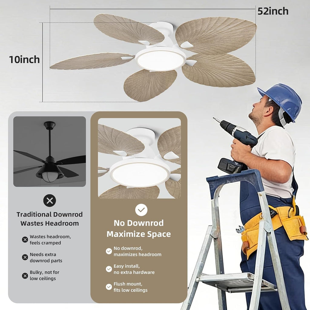 52 Inch Flush Mount Ceiling Fan with Light and Remote, Low Profile Hugger Ceiling Fan with Boho Palm Leaf Blades, Quiet DC Motor, Dimmable LED, for Bedroom, Living Room, Covered Patio