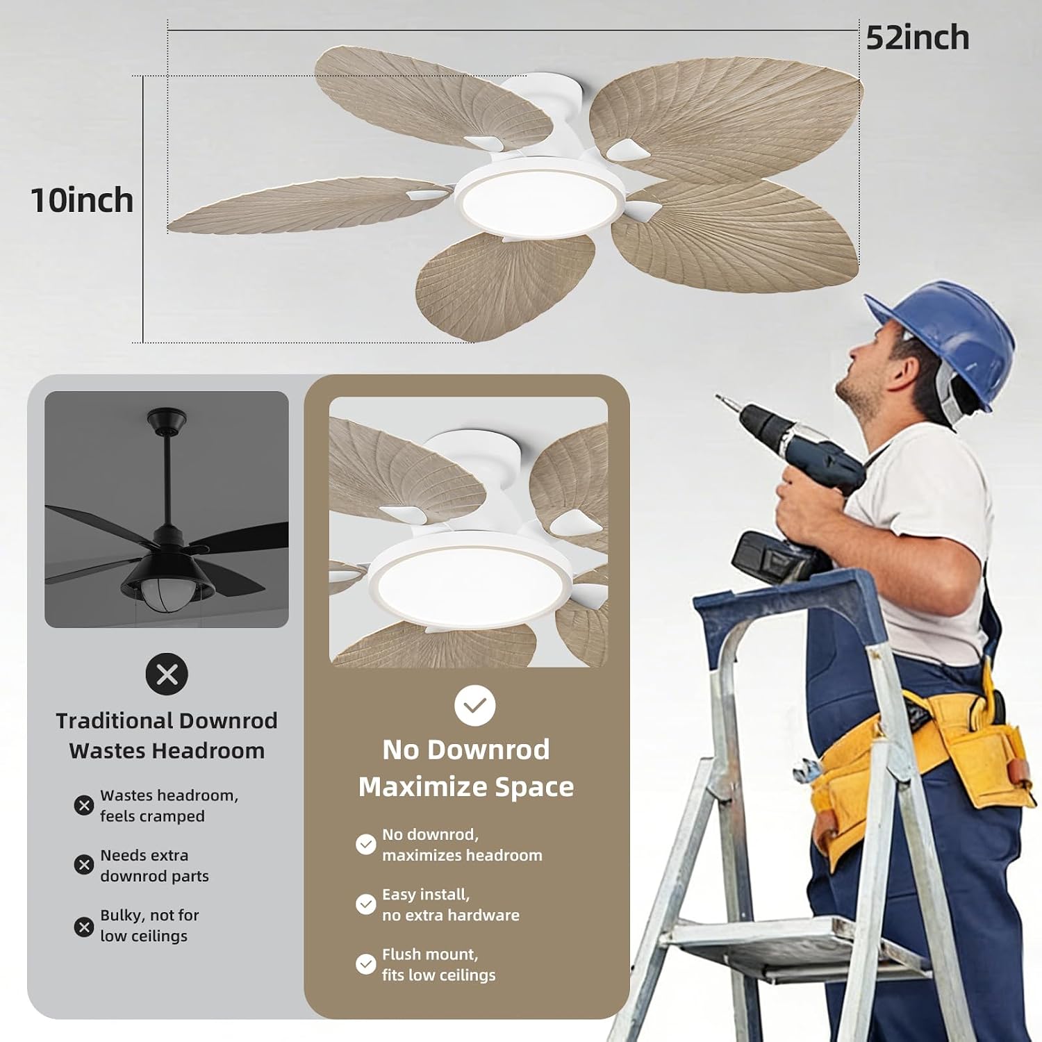 52 Inch Flush Mount Ceiling Fan with Light and Remote, Low Profile Hugger Ceiling Fan with Boho Palm Leaf Blades, Quiet DC Motor, Dimmable LED, for Bedroom, Living Room, Covered Patio
