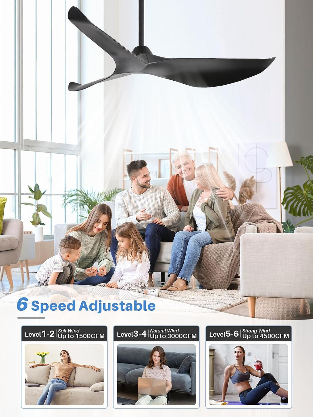 Sofucor 38 Inch Ceiling Fan No Light, Modern Black Ceiling Fan with Remote Control, Quiet Reversible DC Motor, 6-Speed Noiseless Indoor Ceiling Fan for Bedroom Living Room Covered Patio Porch