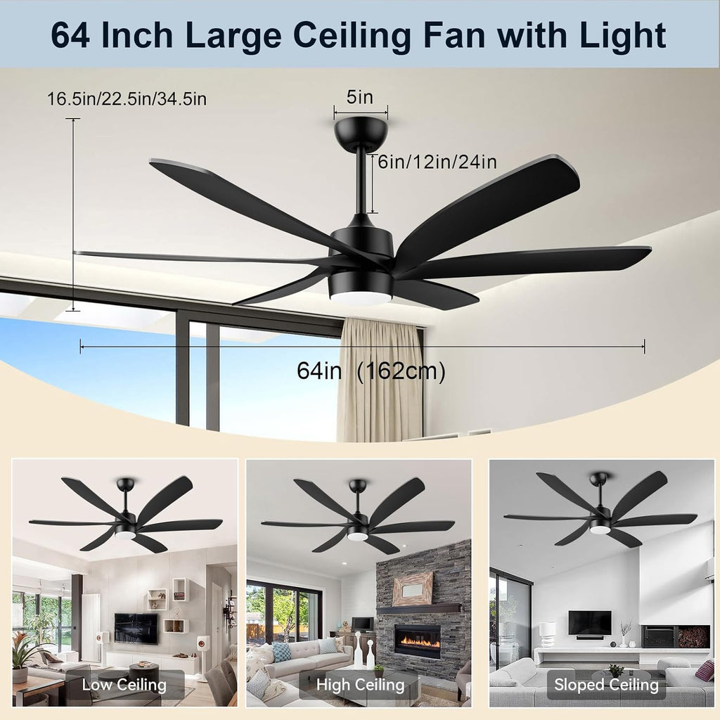 64 Inch Outdoor Ceiling Fan with Lights, All Weather Wet Rated, Modern Black Ceiling Fan, High CFM Quiet Energy Efficient DC Motor, for Large Indoor Living Room & Covered Patio Gazebo Porch