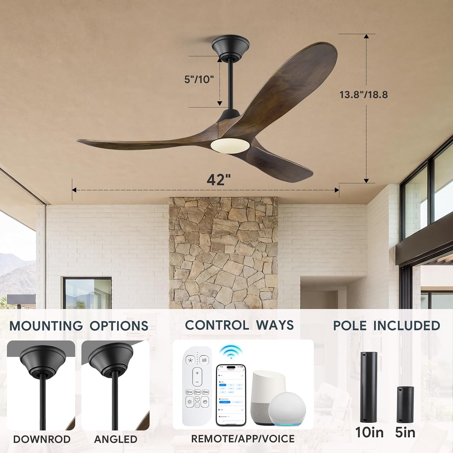 42 Inch Smart Ceiling Fan with Lights Remote, Alexa WIFI Voice Control, Low Profile Indoor/Outdoor Ceiling Fans for Patios Damp Rated, 3 Blades Wood Propeller DC Motor for Living Room,Bedroom,Porch