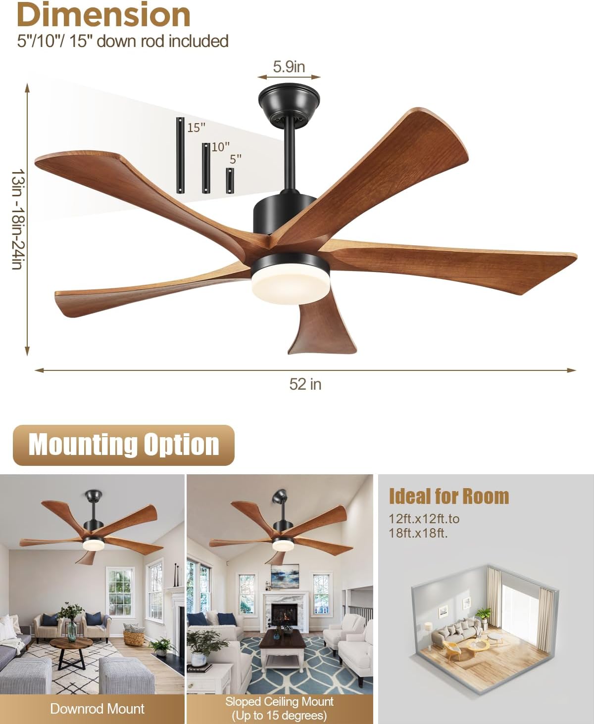 Ceiling Fans with Lights and Remote, 52 Inch Outdoor Fans for Patios, USA Original Patent, ETL Listed, 3 Downrods, 5 Blades, 6 Speeds Reversible Noiseless DC Motor Wood Fans for Farmhouse, 52', Walnut