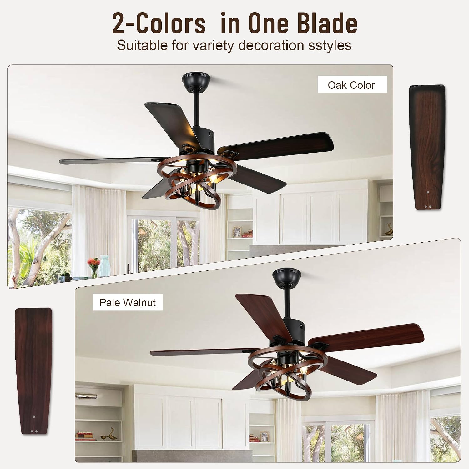 52' Ceiling Fan with Lights and Remote,Industrial Farmhouse Ceiling Fan with Adjustable Wood Grain Iron Cage,5 Reversible Dual-Color Blades,DC Quiet Motor,6 Speeds,Timer for Bedroom Living Room