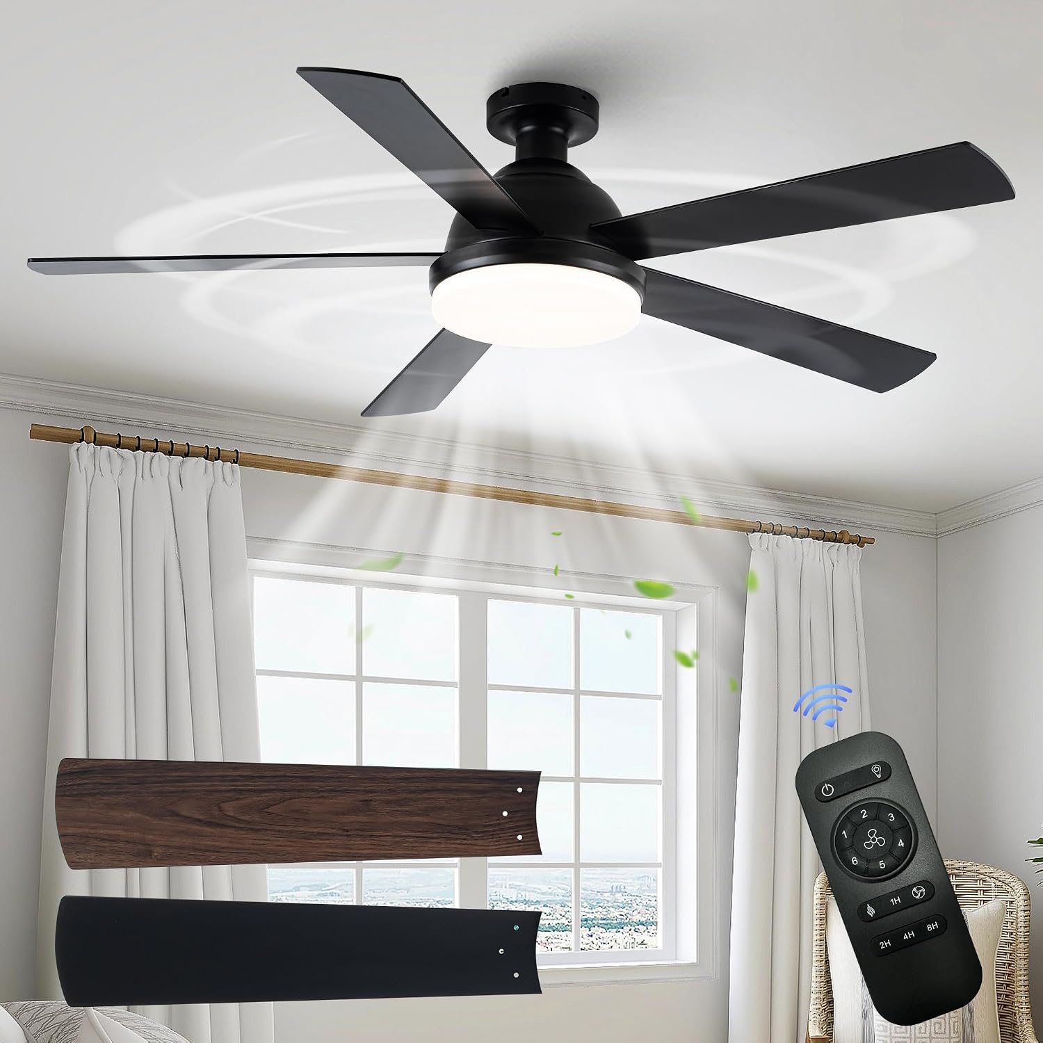 Black Ceiling Fans with Lights, 52 Inch Outdoor Ceiling Fans with Lights and Remote, Modern Indoor Bedroom Ceiling Fan Noiseless, Reversible Blades, DC Motor