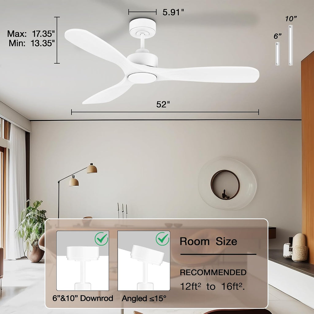 Hoenofly 52' Wood Smart Ceiling Fans with Lights Remote,Quiet DC Motor,Outdoor Indoor Ceiling Fan,Voice Control via WIFI Alexa App,Dimmable,Modern White Lighting& Ceiling Fan for Bedroom Patio Porch