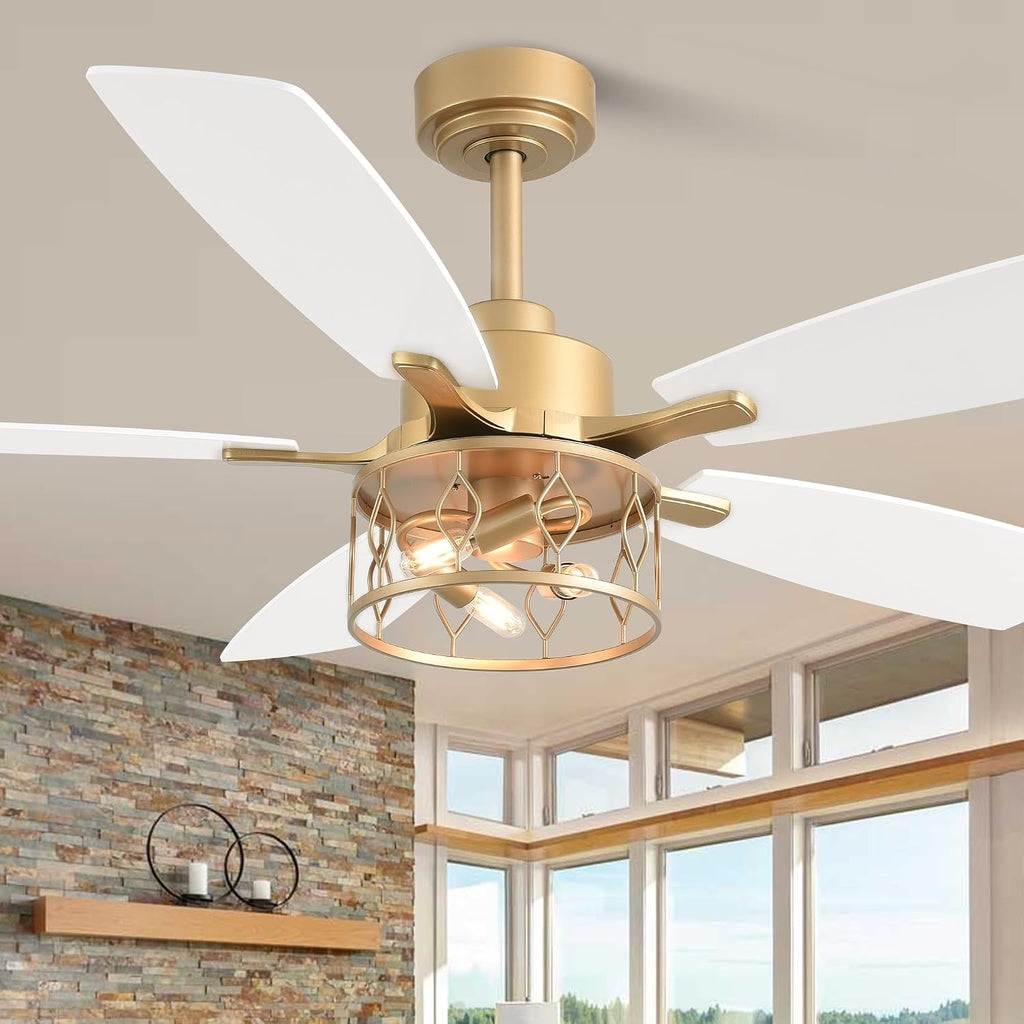 52 Inch Modern Ceiling Fan with Light White and Gold Ceiling Fan Quiet and Reversible DC Motor Chandelier Fan for Living Room Bedroom Patio