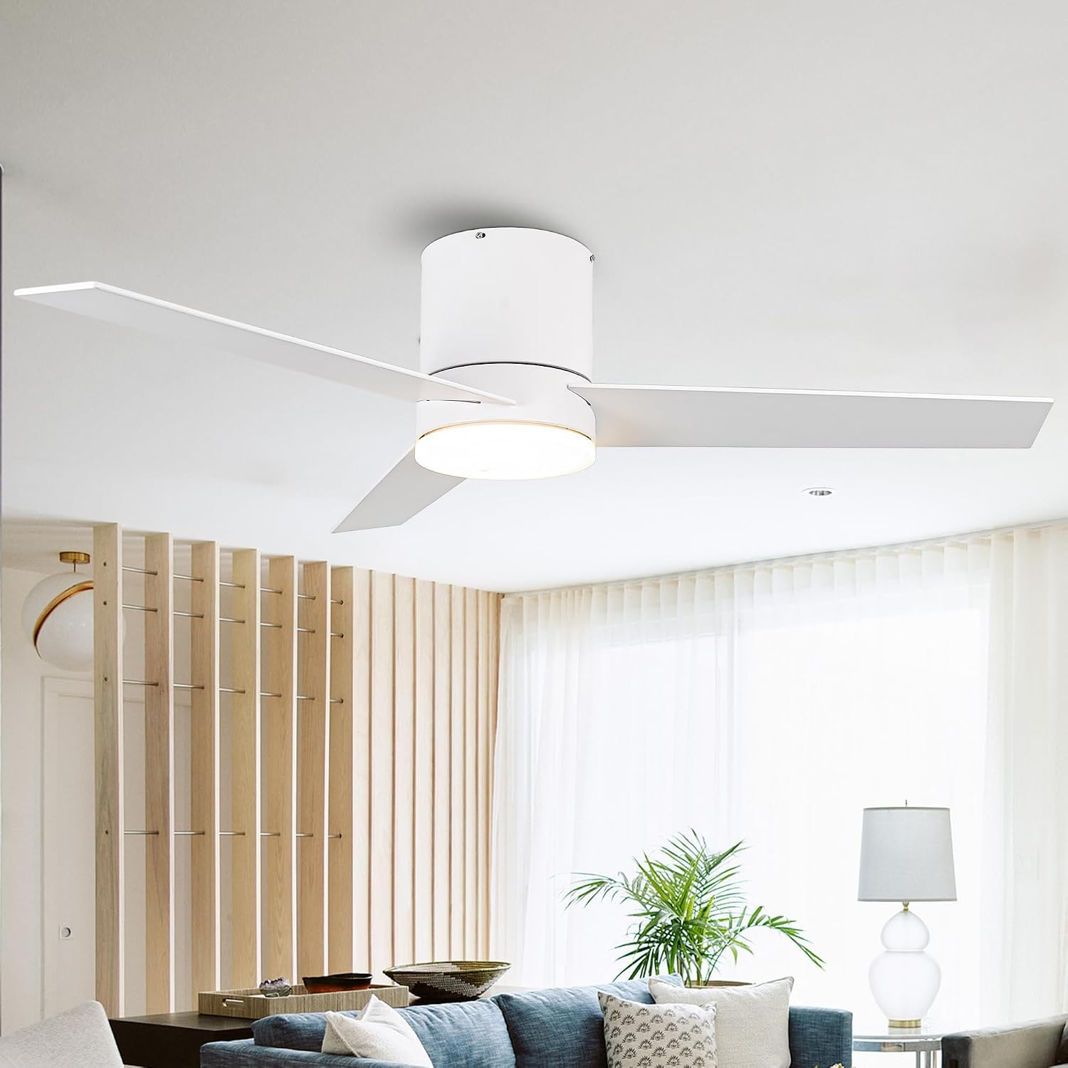 Low Profile Ceiling Fans with Lights and Remote, 48 Inch Bedroom Ceiling Fans Flush Mount, Indoor/Outdoor Fans for Patios, Reversible 3 Blades, Noiseless, Color Temp Adjusted, DOE ETL Tested (White)