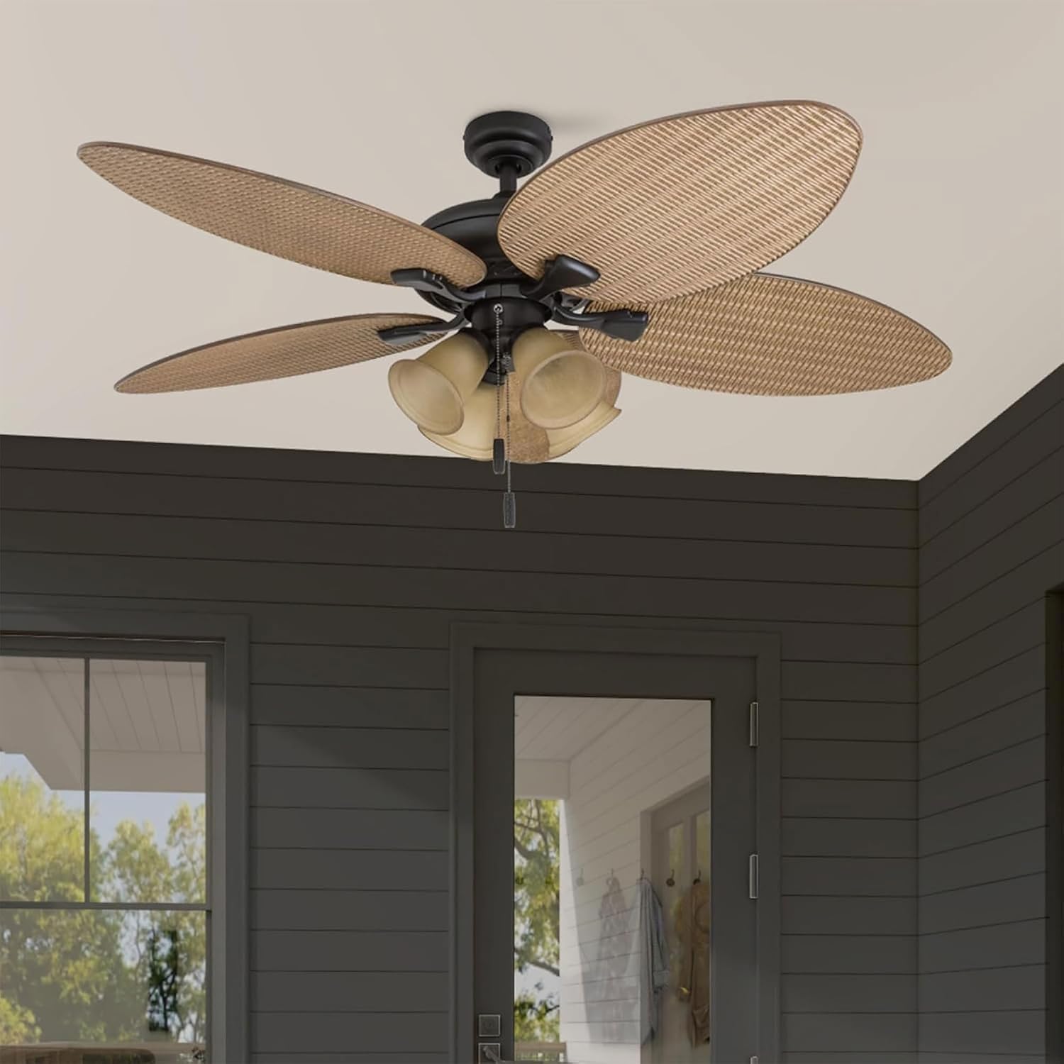Honeywell Ceiling Fans Palm Valley, 52 Inch Tropical Indoor Outdoor Ceiling Fan with Light, Pull Chain, Three Mounting Options, 5 Palm Leaf Blades, Reversible Motor - 50506-01 (Bronze)
