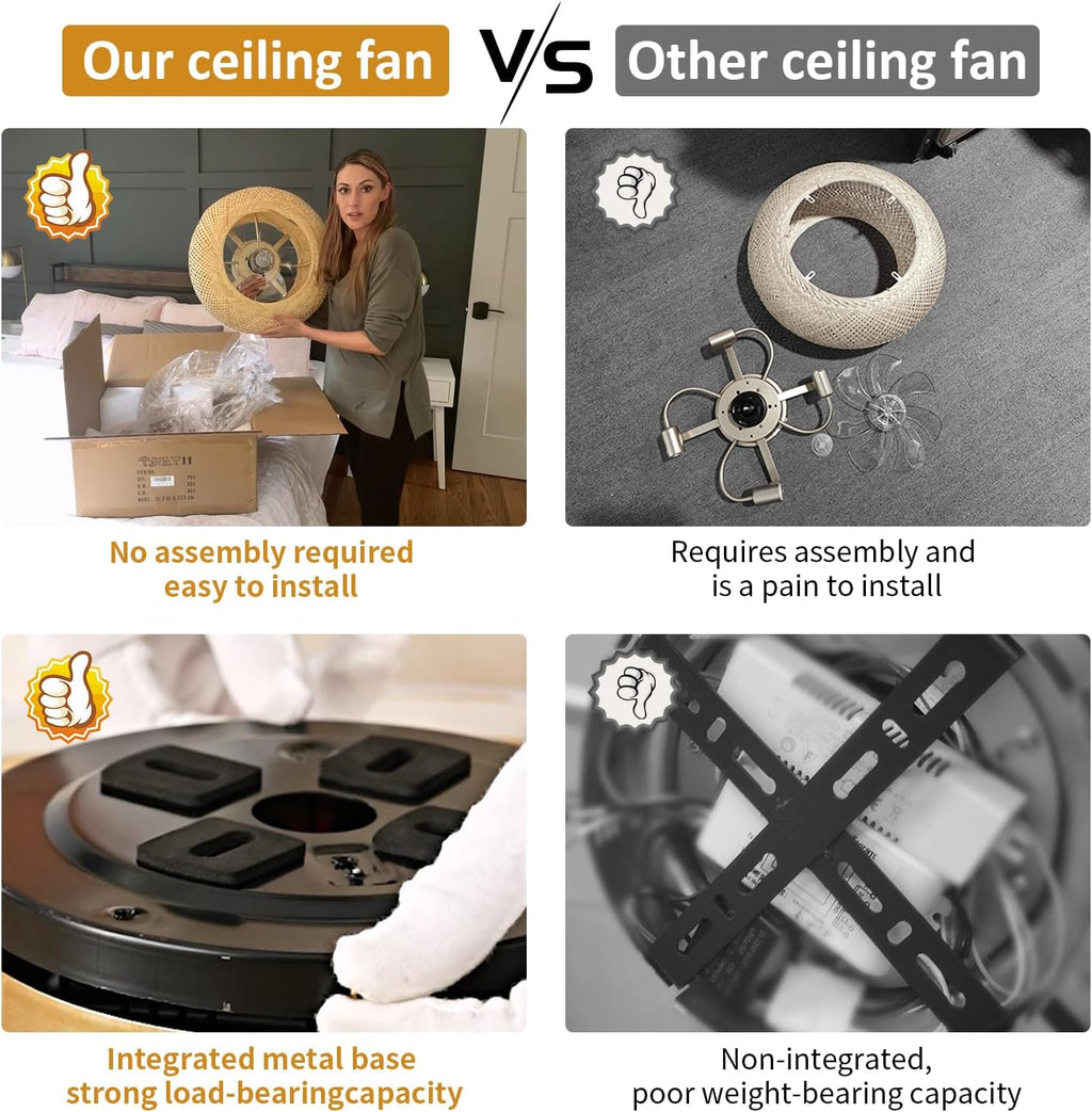 ainqiant 20' Boho Ceiling Fans with Lights,Rattan Caged Flush Mount Ceiling Fan with Light, Enclosed Timing 6 Speeds Reversible for Living Room Bedroom Dining Room