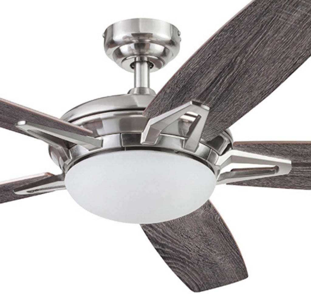 Prominence Home Clancy, 52 Inch Contemporary LED Ceiling Fan with Integrated Dome Light, Remote Control, Dual Mount, 5 Reversible Dual-Finish Blades - 51482-01 (Brushed Nickel)