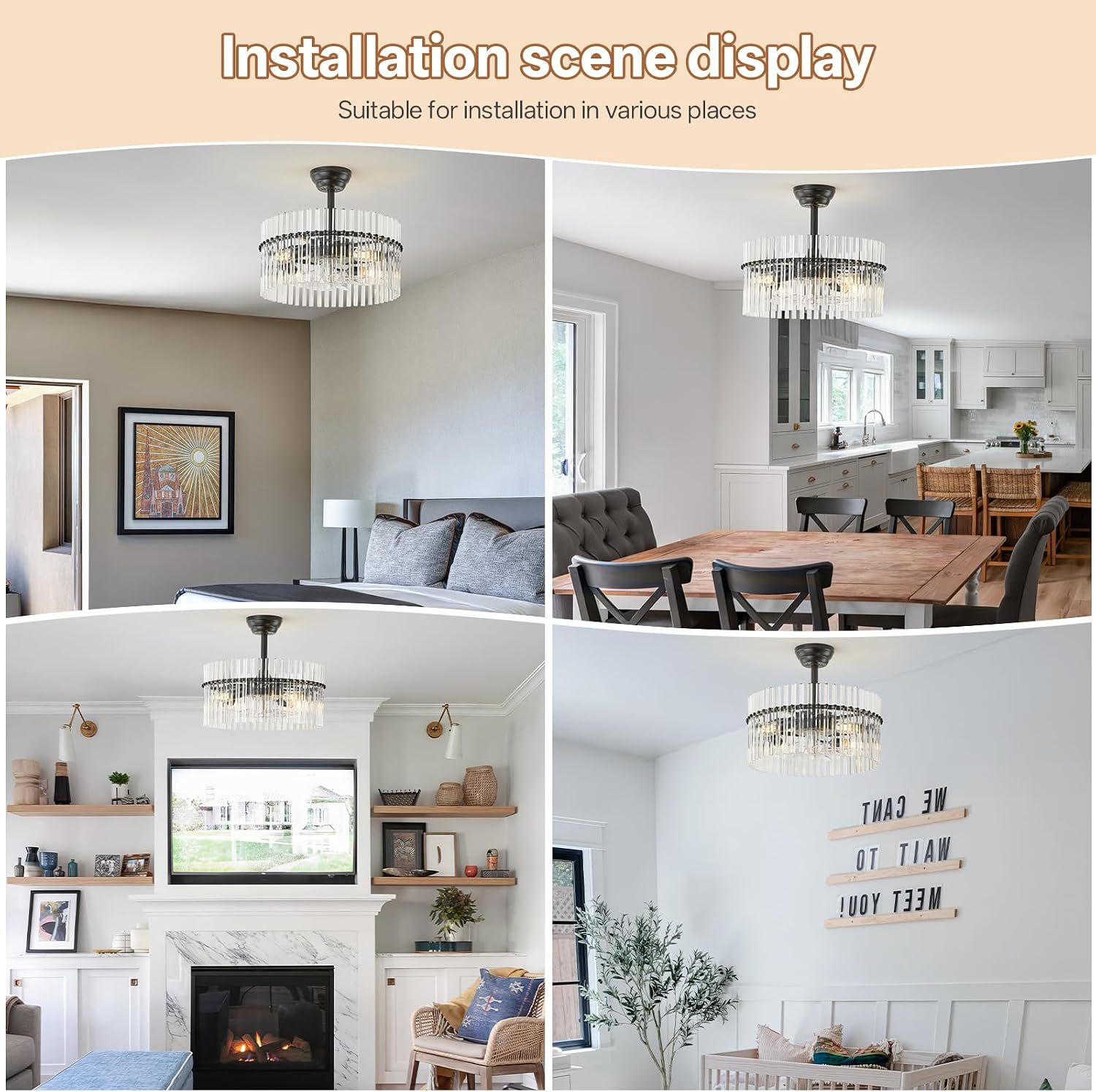 20' Black Crystal Fandelier Ceiling Fans with Lights, Black Crystal Chandelier Ceiling Fan with Light Remote Control, 6 Speeds for Bedroom, Living Room, Nursery
