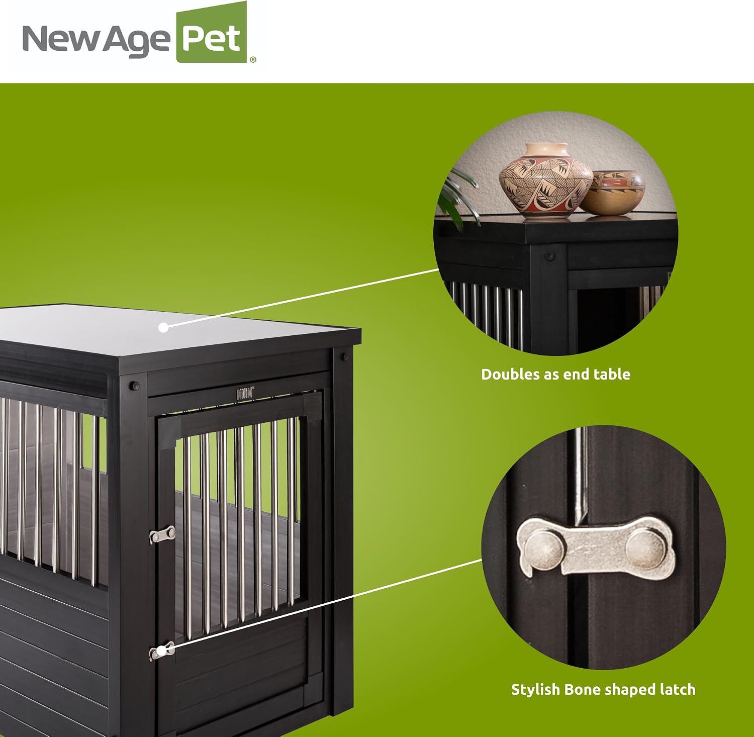 New Age Pet ECOFLEX InnPlace Dog Crate & End Table, Furniture-Style Indoor Kennel for Crate-Trained Dogs, Stainless Steel Spindles, 10-Year Warranty. 4 Colors, 4 Sizes