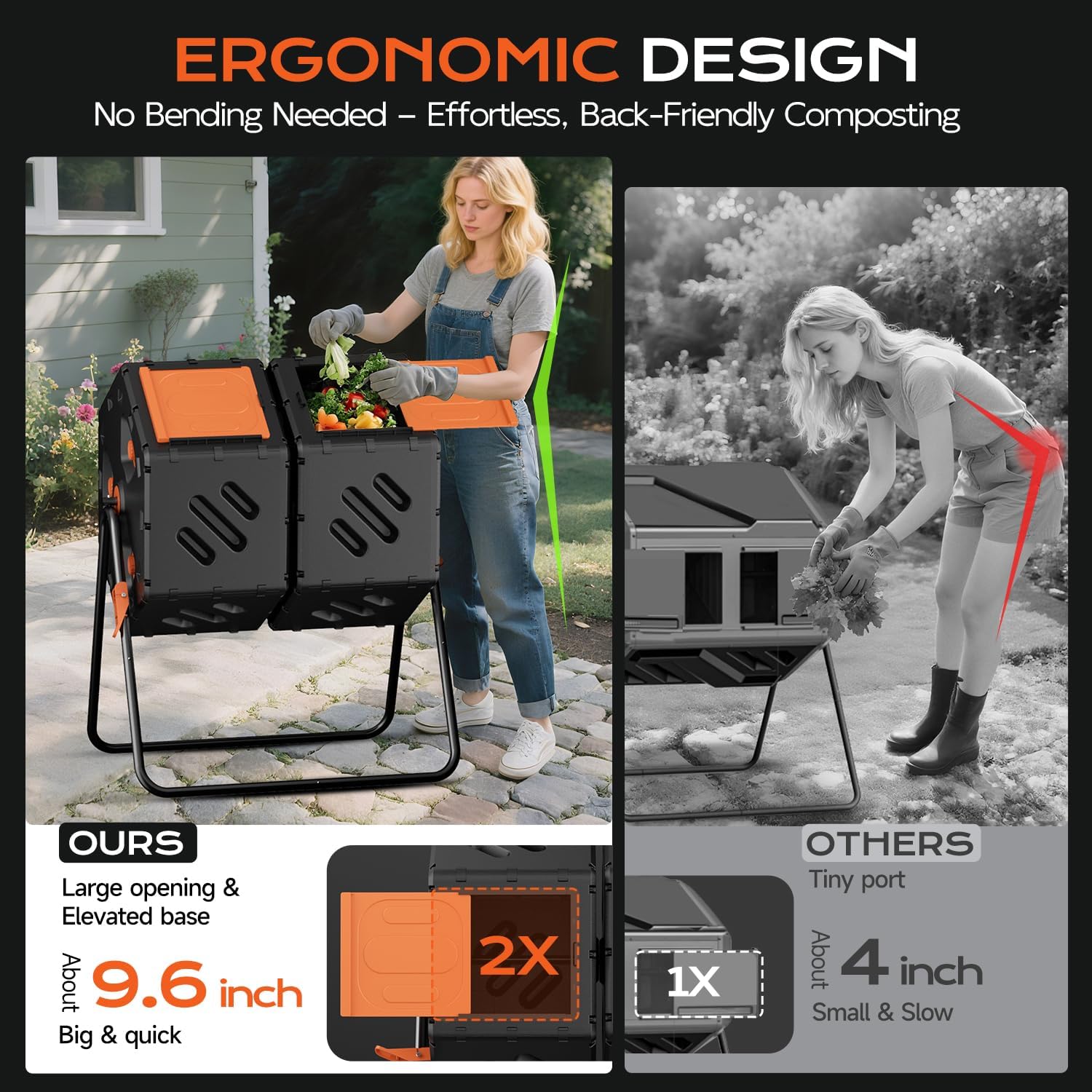 Compost Tumbler Outdoor 45 Gallon/170L, Dual Chamber Large Compost Bin for Garden, Backyard, and Yard, Large Opening & Elevated Base 360°Rotating Tumbling Composter for Gardeners