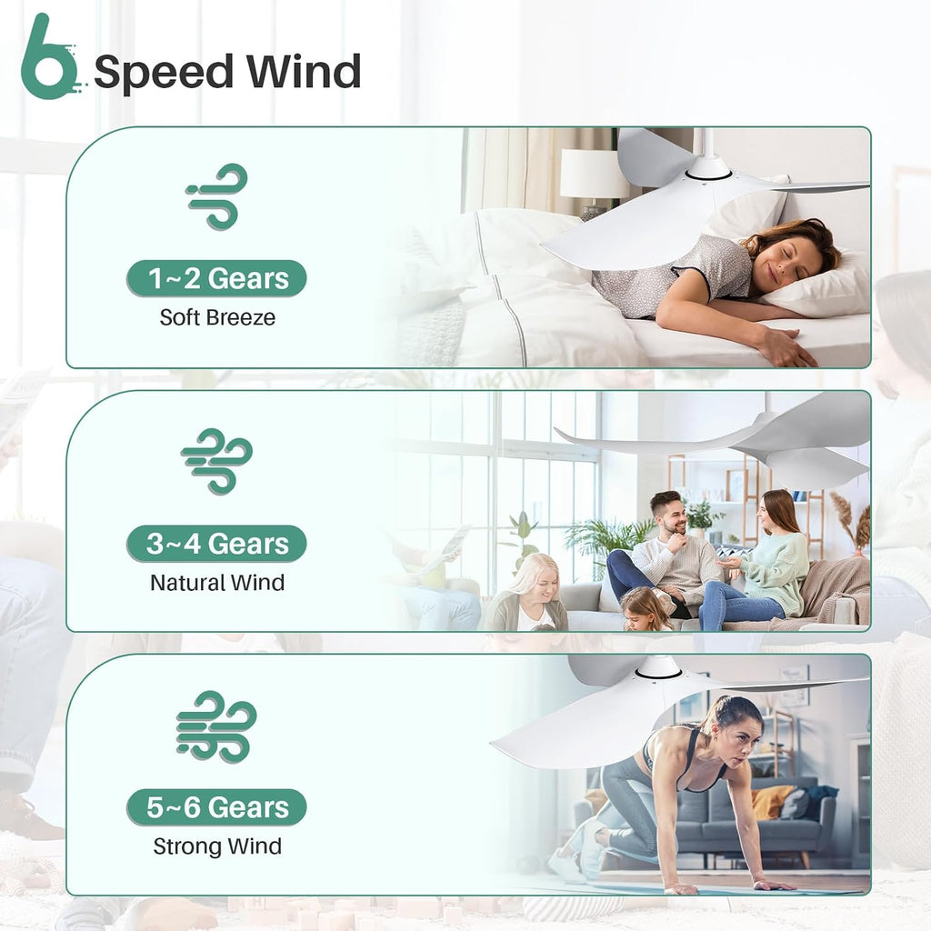 CACI Mall 52' White Ceiling Fan No Light, Modern, Remote Control, Low Profile, 3 Blades Ceiling Fan with Noiseless Reversible Dc Motor for Living room, Bedroom