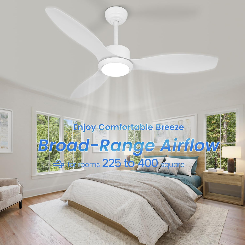 48 inch White Ceiling Fans with Lights and Remote, Modern Ceiling Fan with 3 Blades, Quiet Reversible DC Motor, 3 Color Dimmable Lights,6 Speed, for Bedroom Living Room Indoor Outdoor Patios